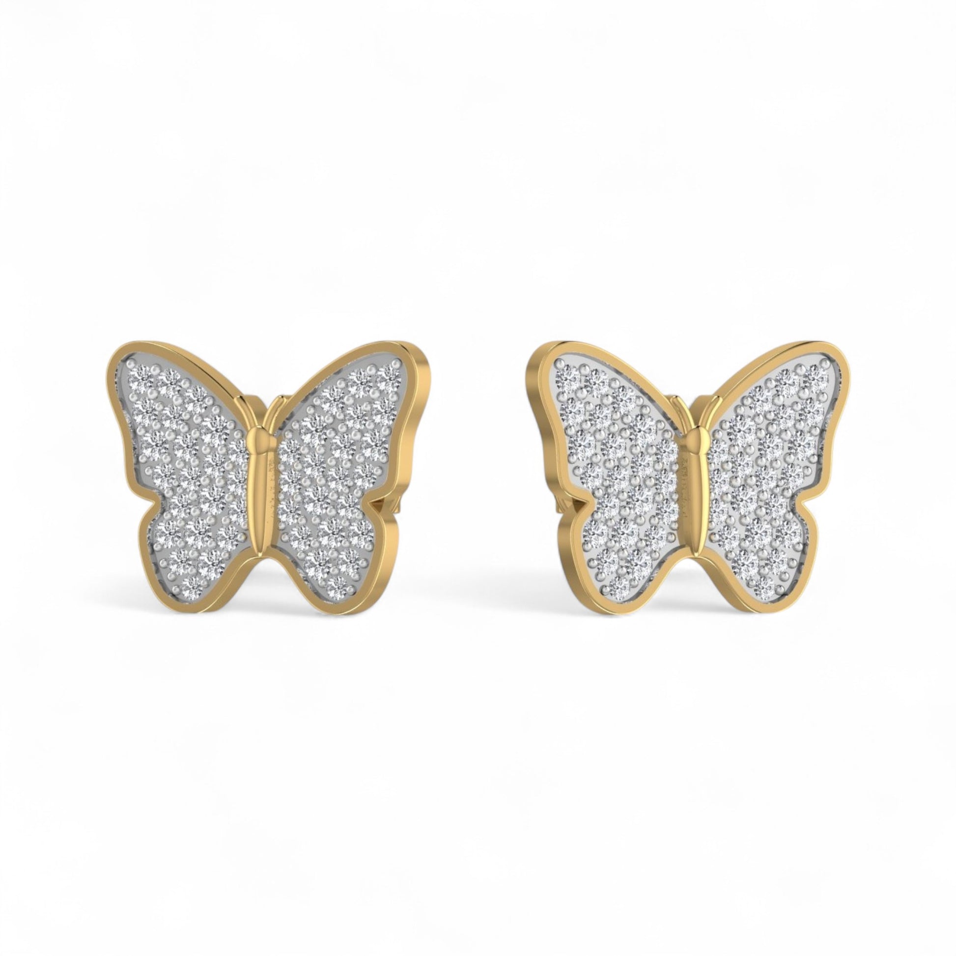 Butterfly-shaped earrings with gold outline and silver center on a white background