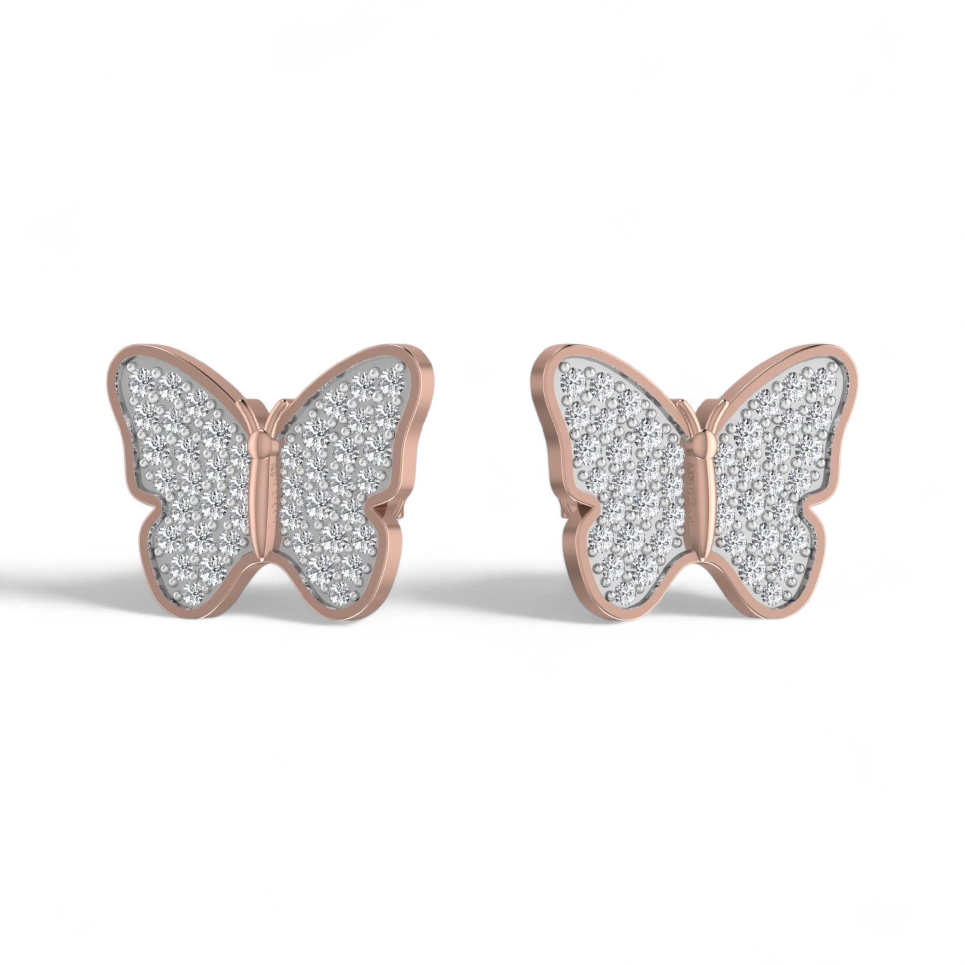 Butterfly-shaped earrings with rose gold frame and clear gemstones on a white background