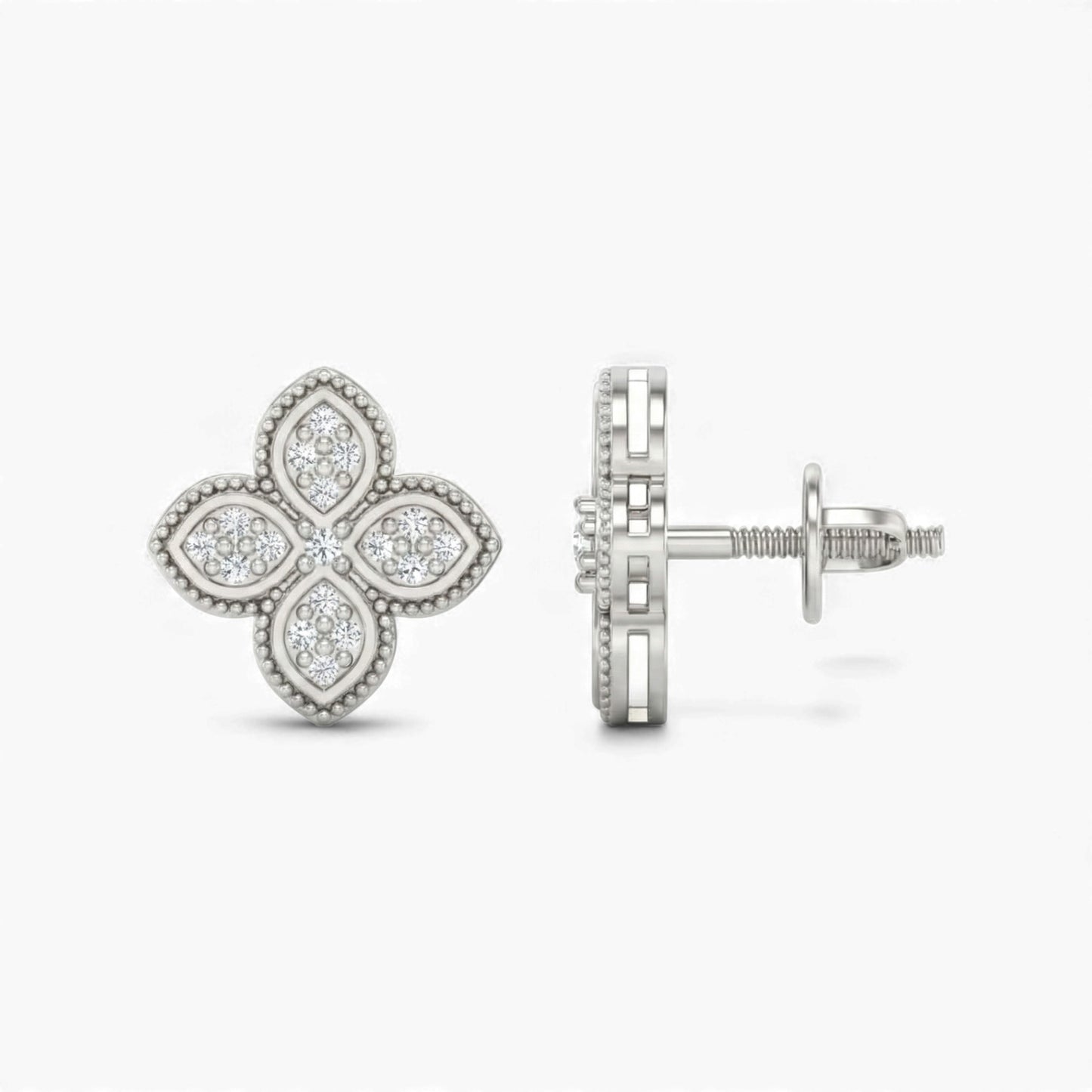 Silver clover-shaped earrings on a white background