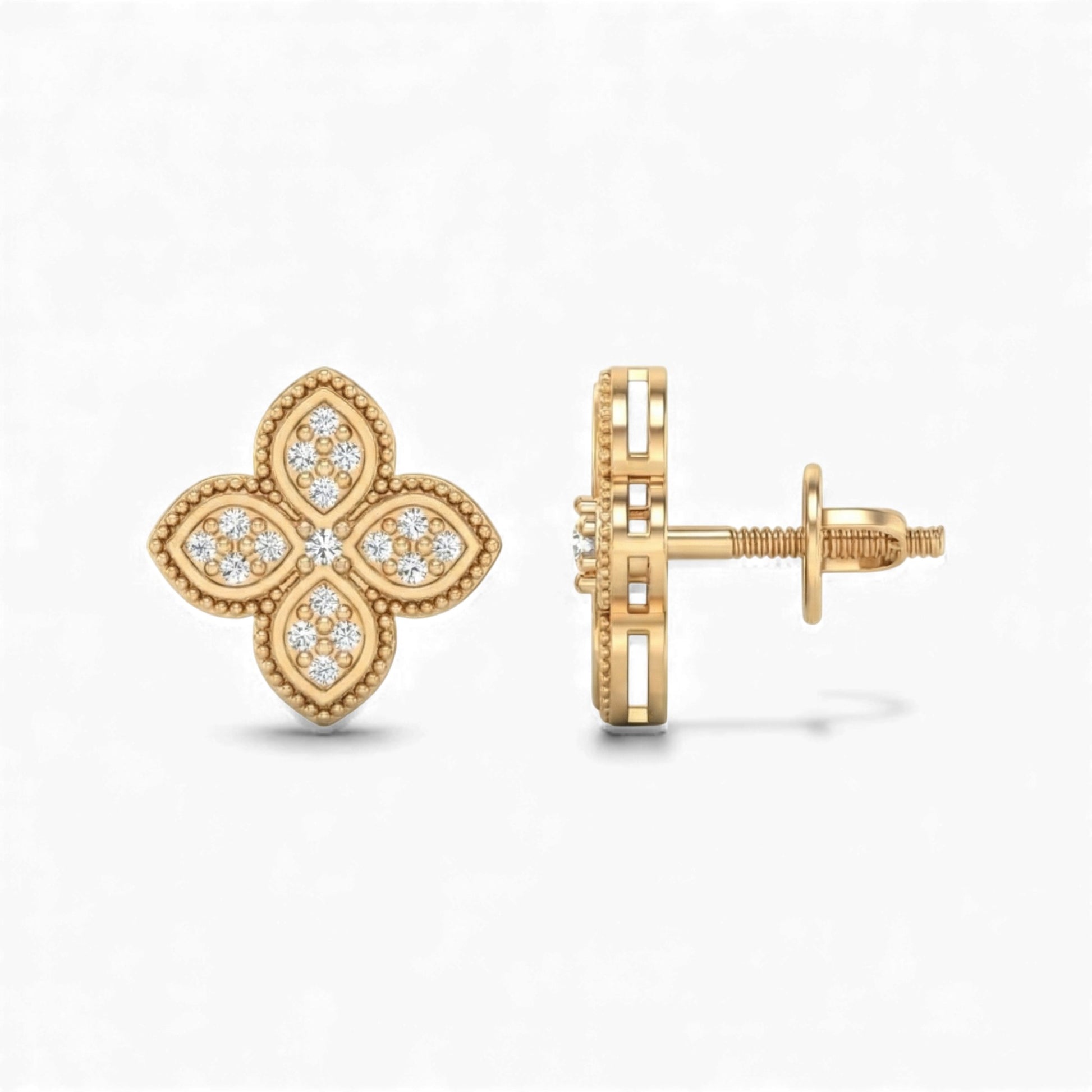 Gold earrings with diamond accents on a white background