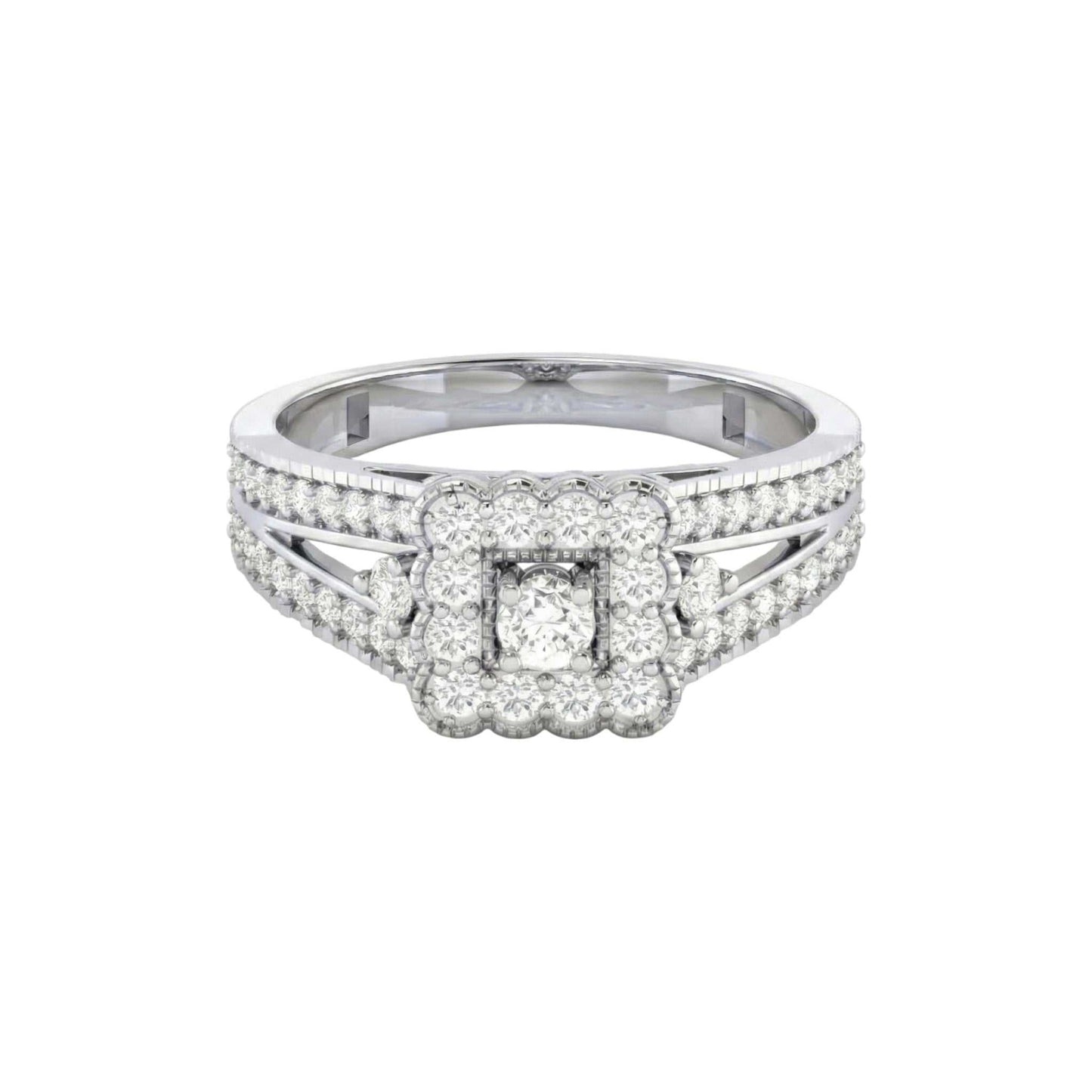 Diamond ring with a white gold band on a white background