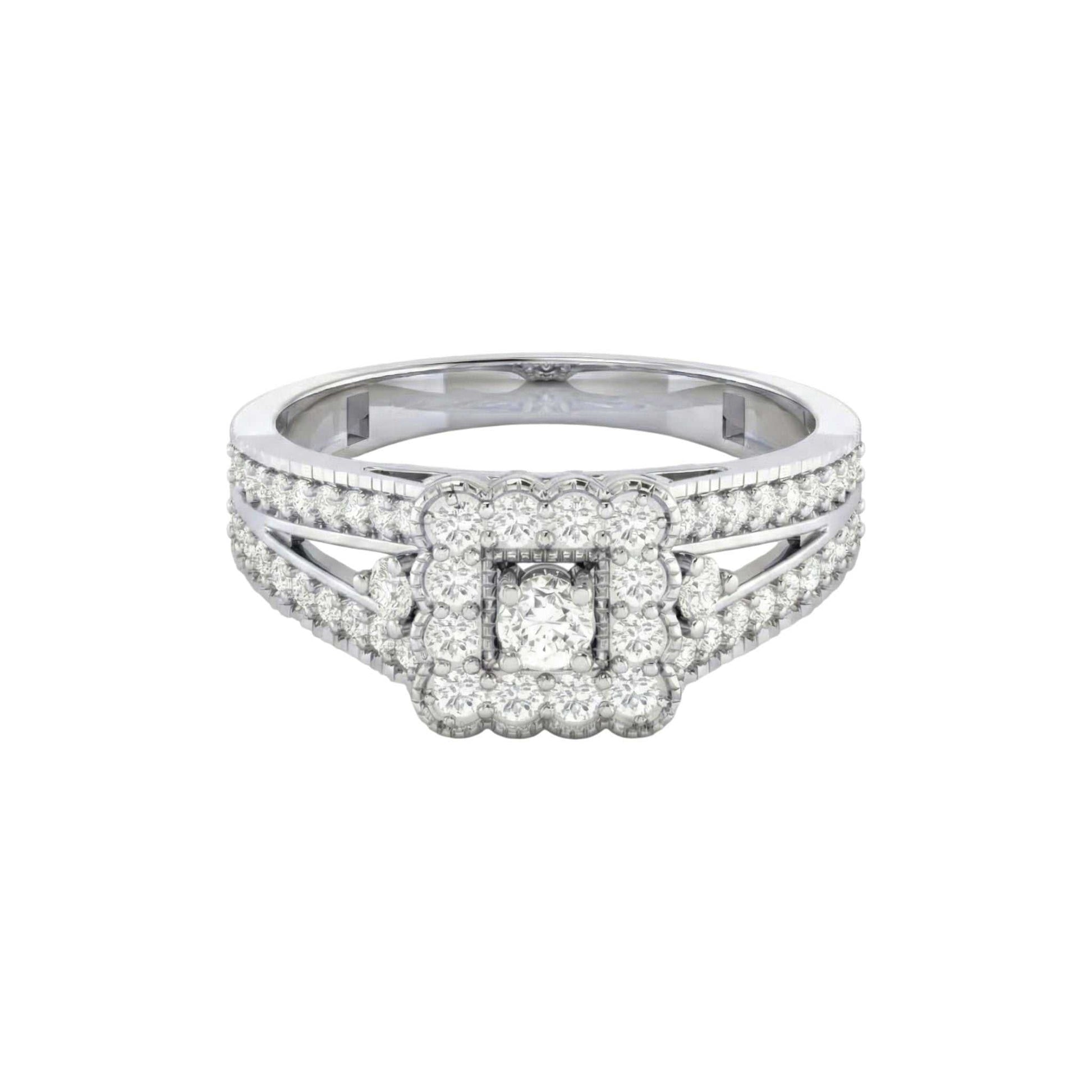Diamond ring with a white gold band on a white background