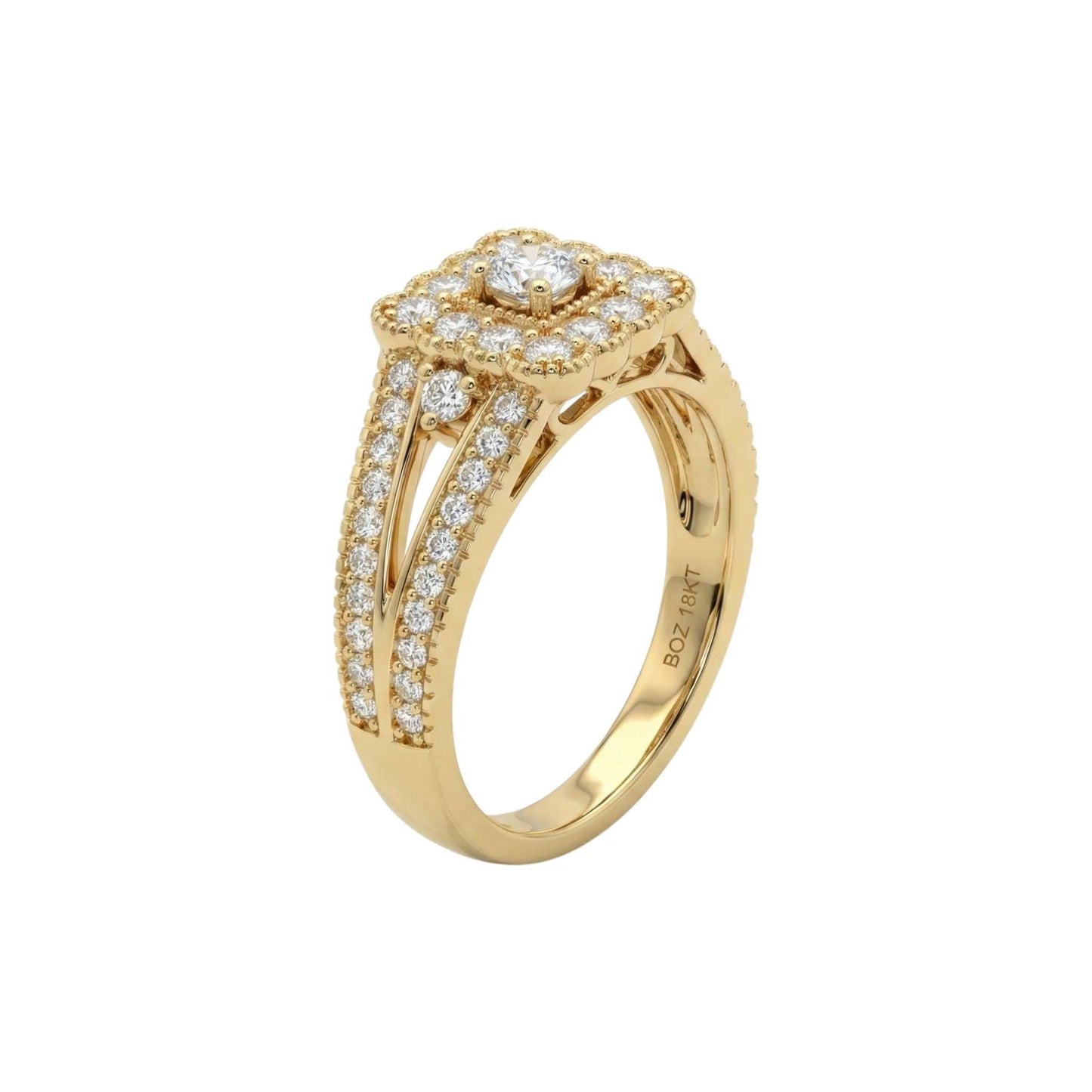 Gold ring with diamond accents on a white background