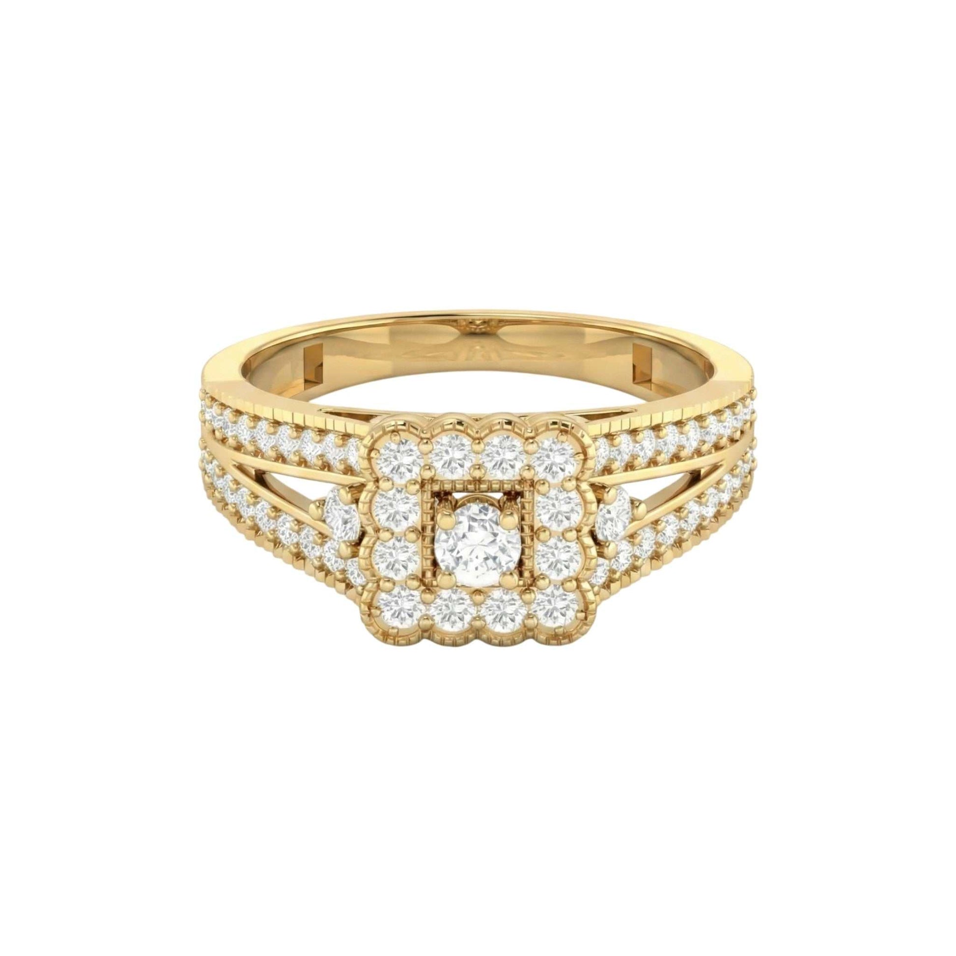Nora Natural Diamond Engagement Ring in 18KT gold with cushion-shaped diamond cluster and pavé-set split-shank band