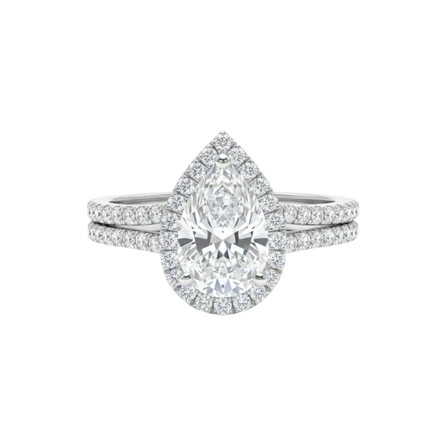 Ola Pear Cut Moissanite bride set in 925 sterling silver with pear-shaped center stone and pavé accents