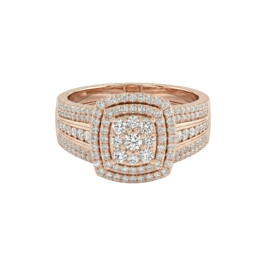 Rose gold ring with diamond accents on a white background