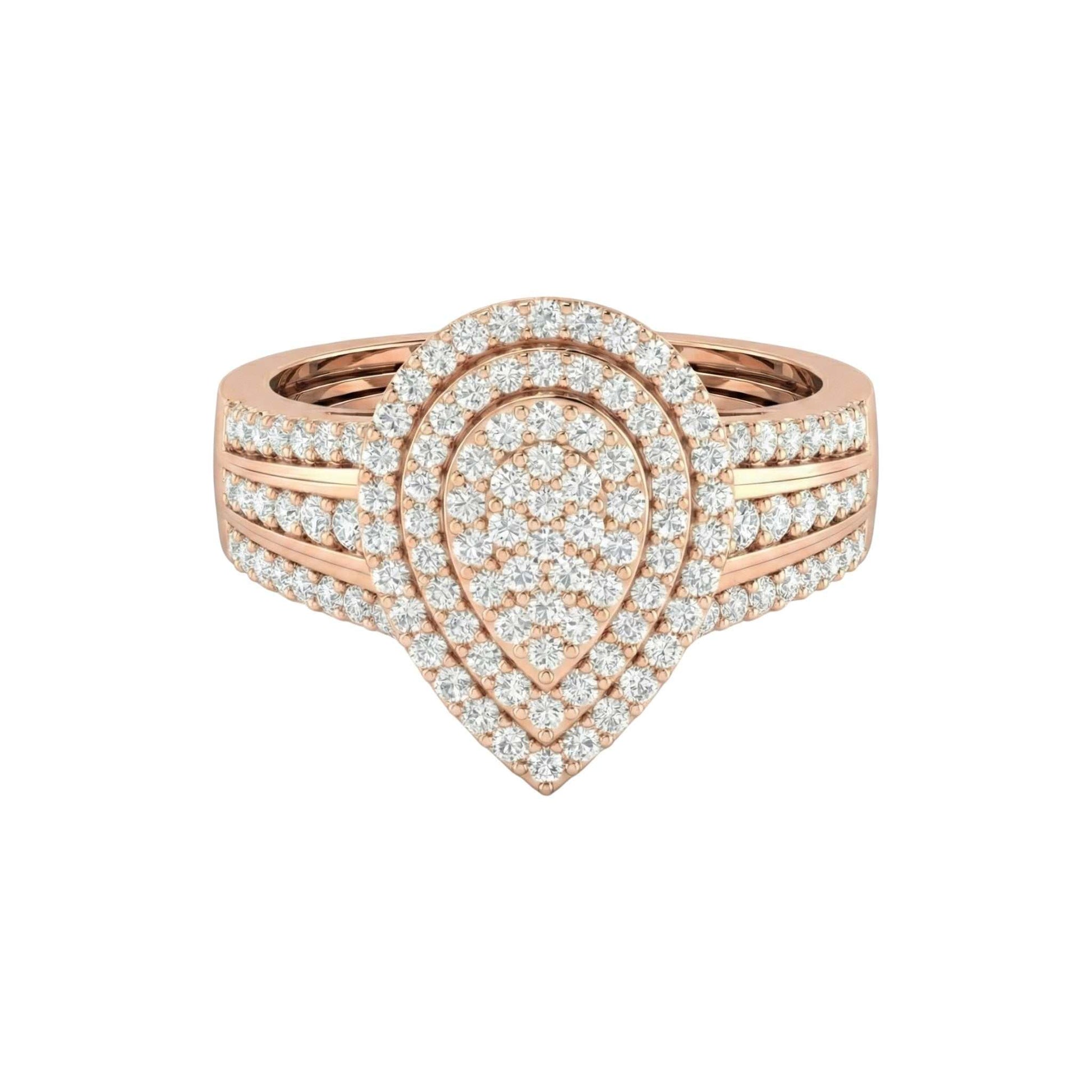 Rose gold ring with diamond accents on a white background
