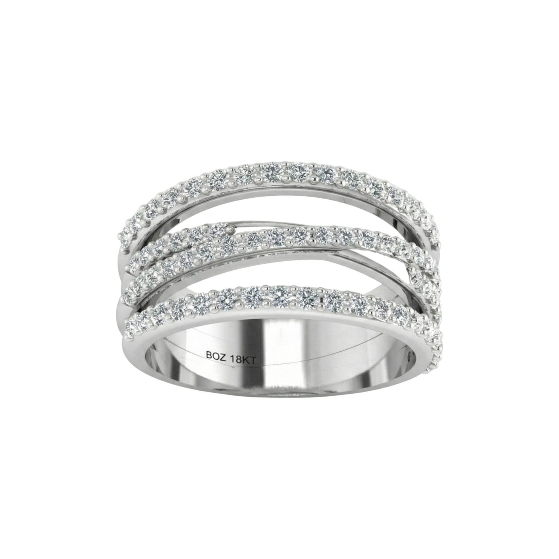 Silver ring with embedded stones on a white background