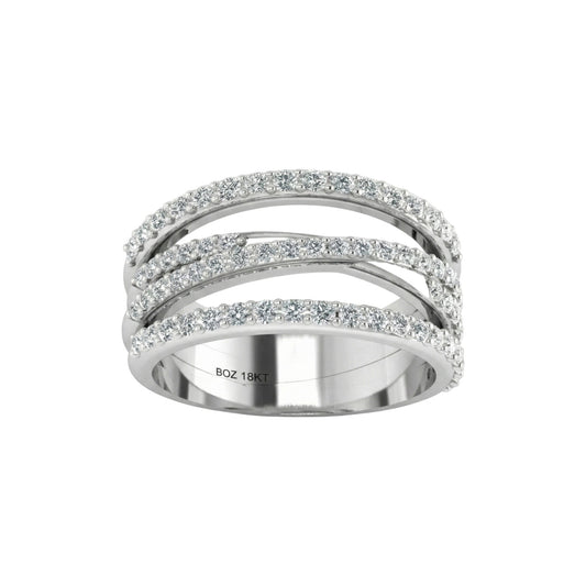 Silver ring with embedded stones on a white background