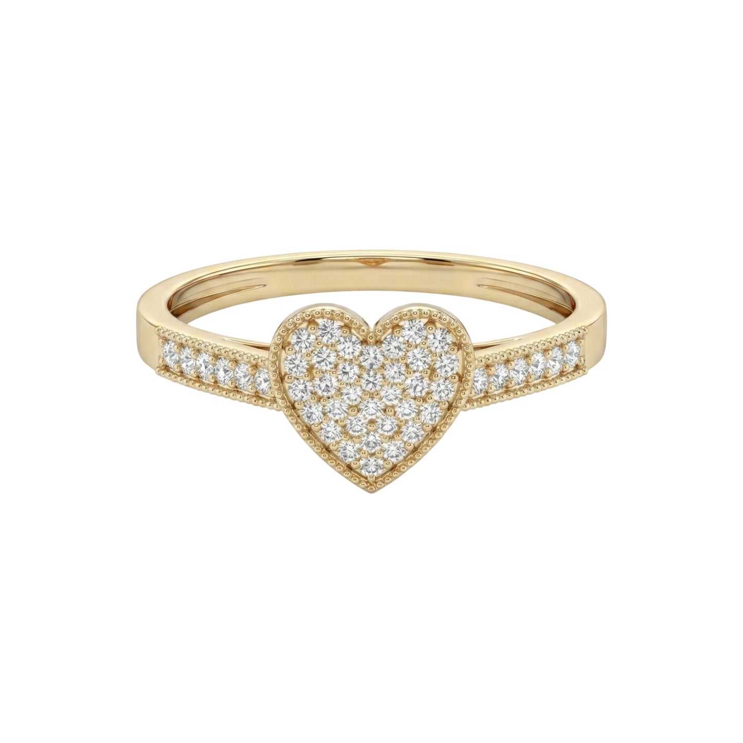 Gold ring with a heart-shaped diamond design on a white background