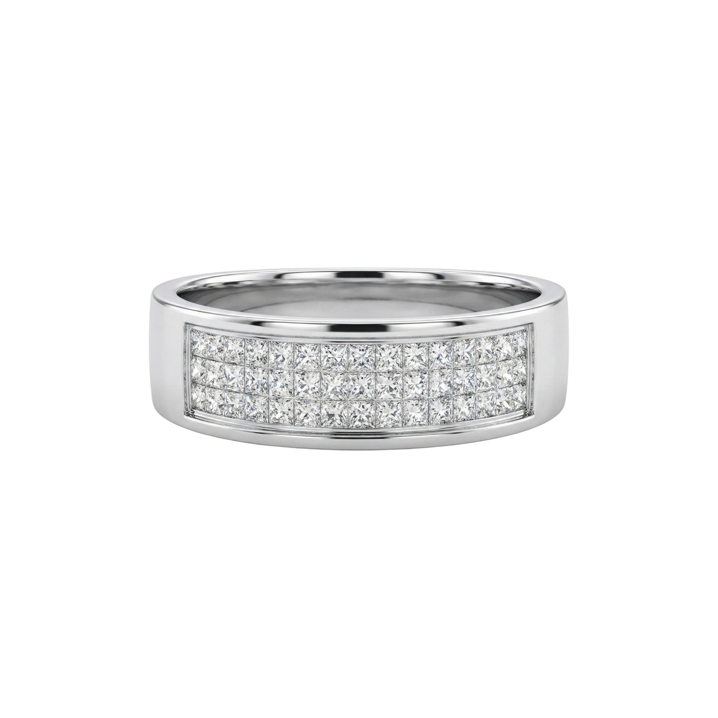 Silver ring with diamond accents on a white background
