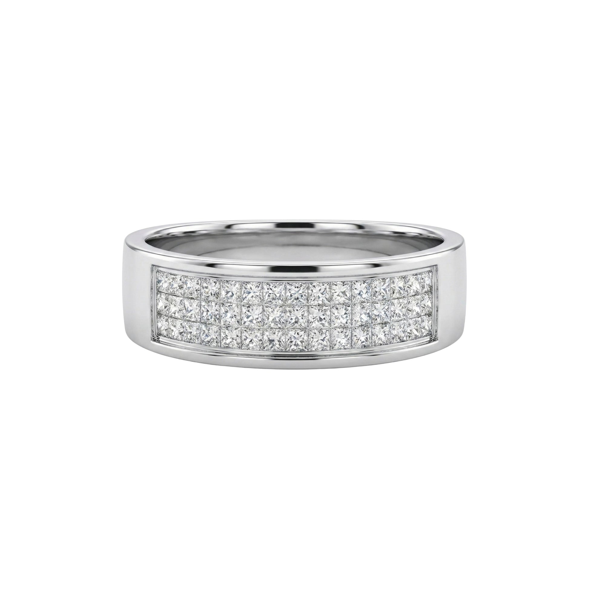 Silver ring with diamond accents on a white background