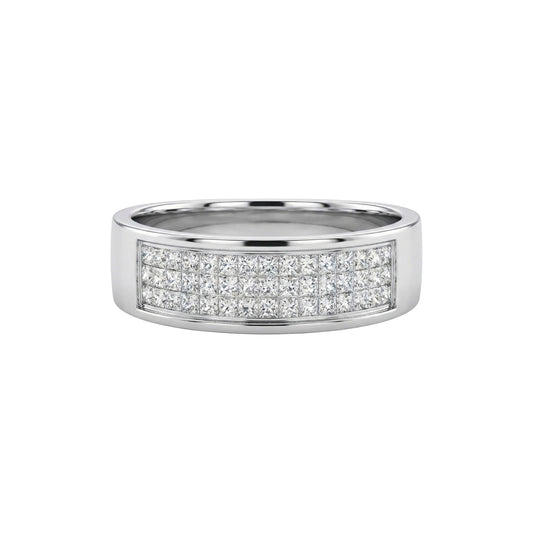 Silver ring with diamond accents on a white background