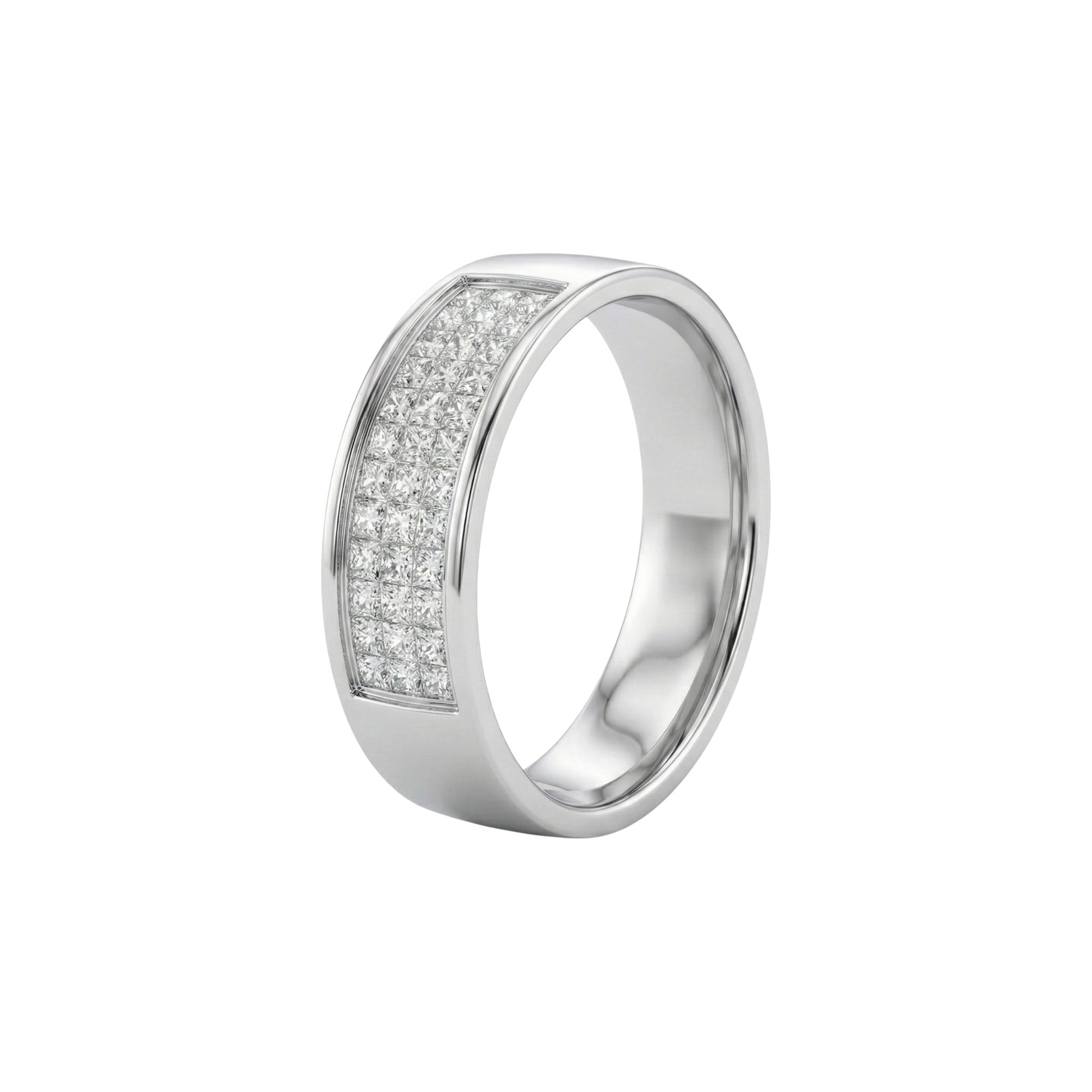 Silver ring with embedded diamonds on a white background