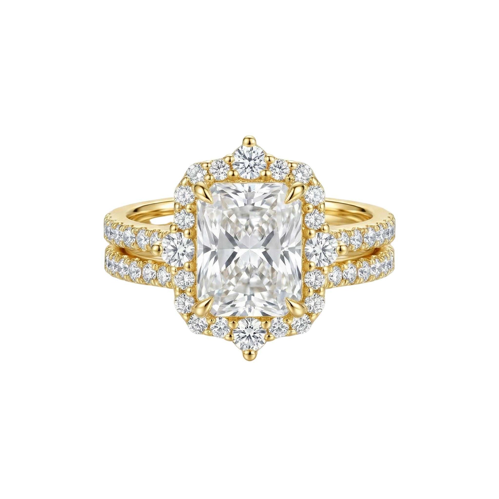 Quinn 2.0 CZ Bridal Set with cushion-cut cubic zirconia in 10KT gold ring and matching pavé band