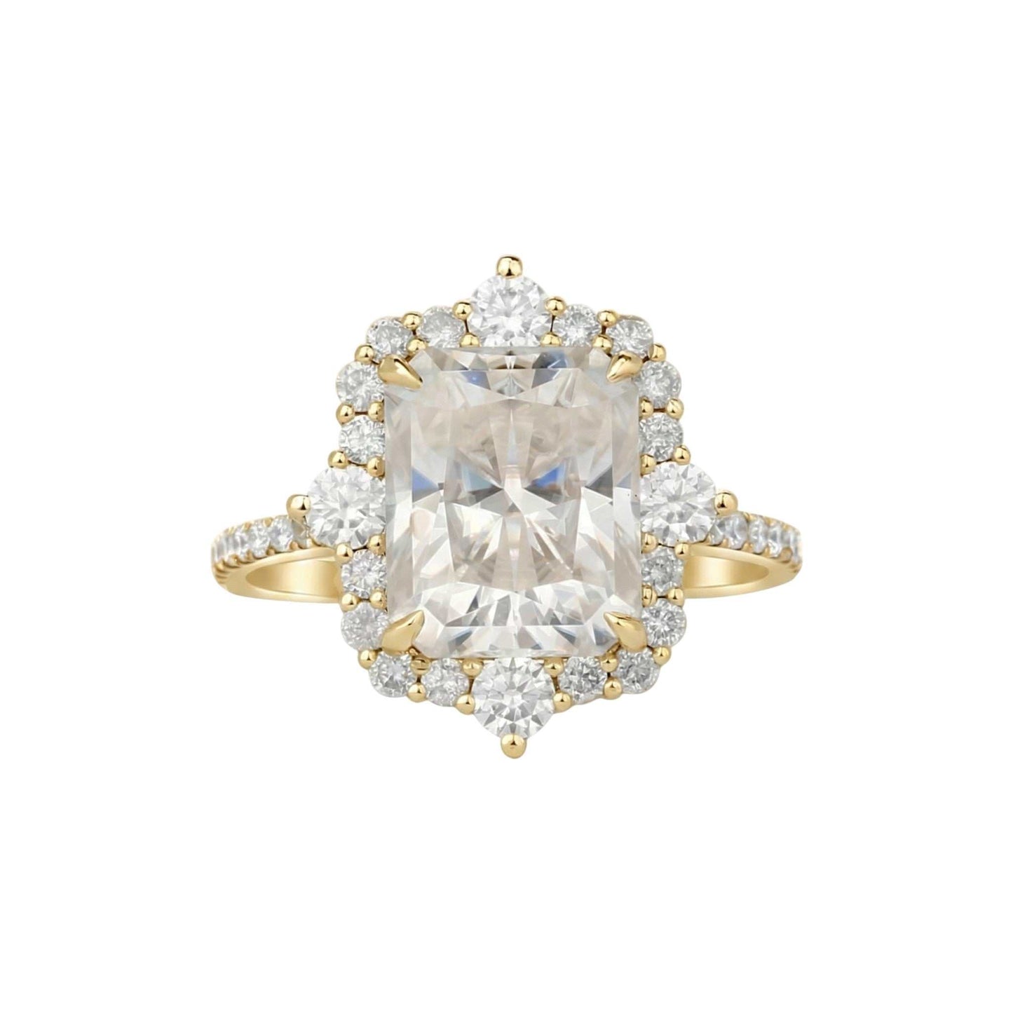Quinn 2.0 Moissanite engagement ring with diamond halo and 18KT gold band