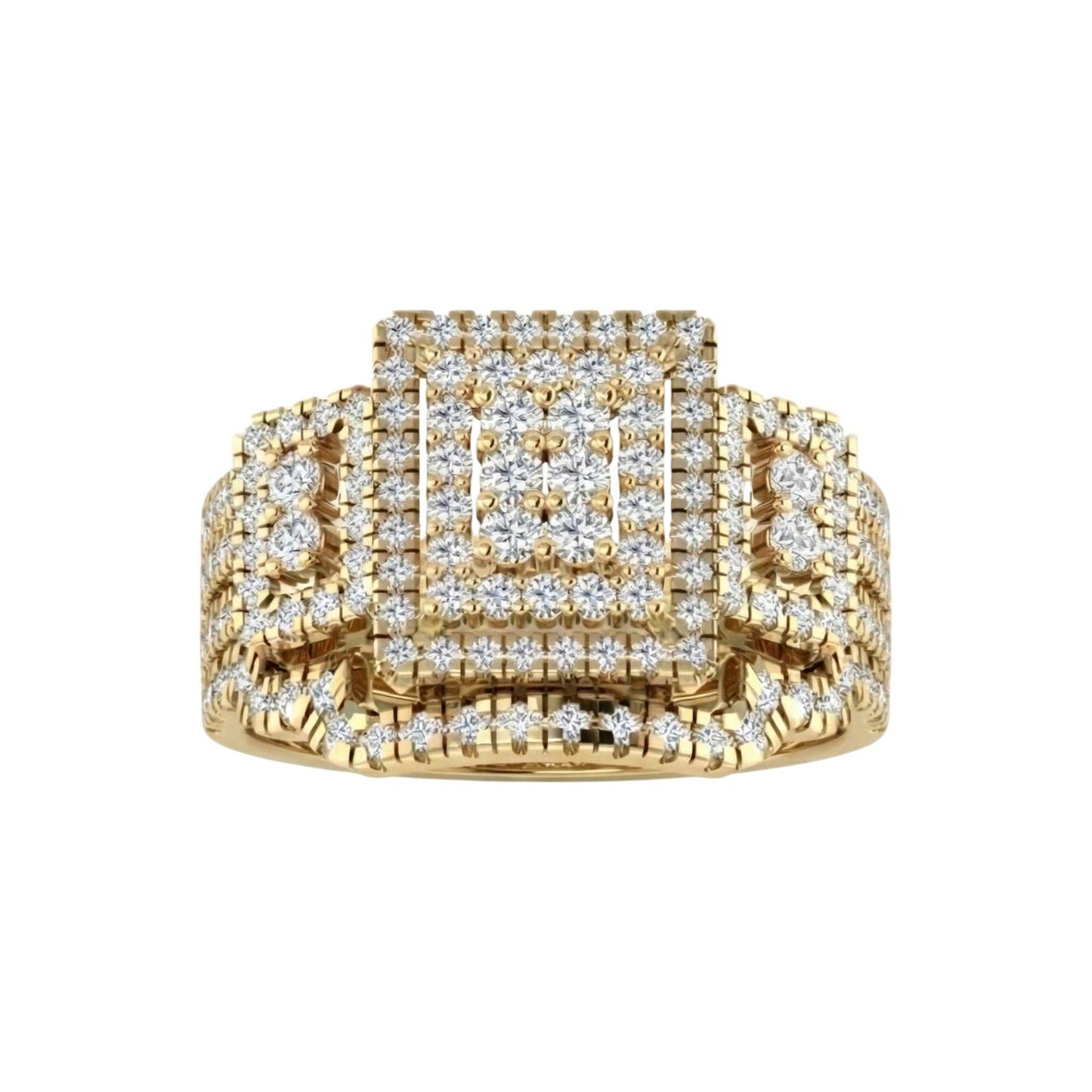 Gold ring with diamond accents on a white background