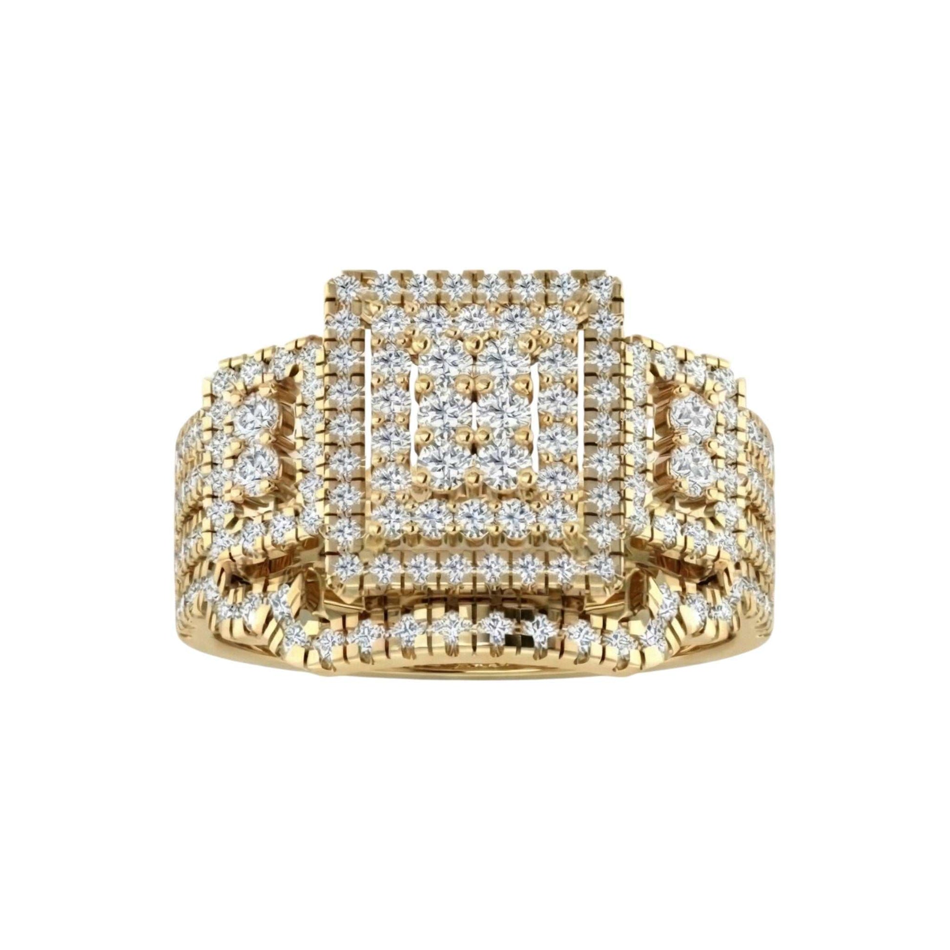 Gold ring with diamond accents on a white background