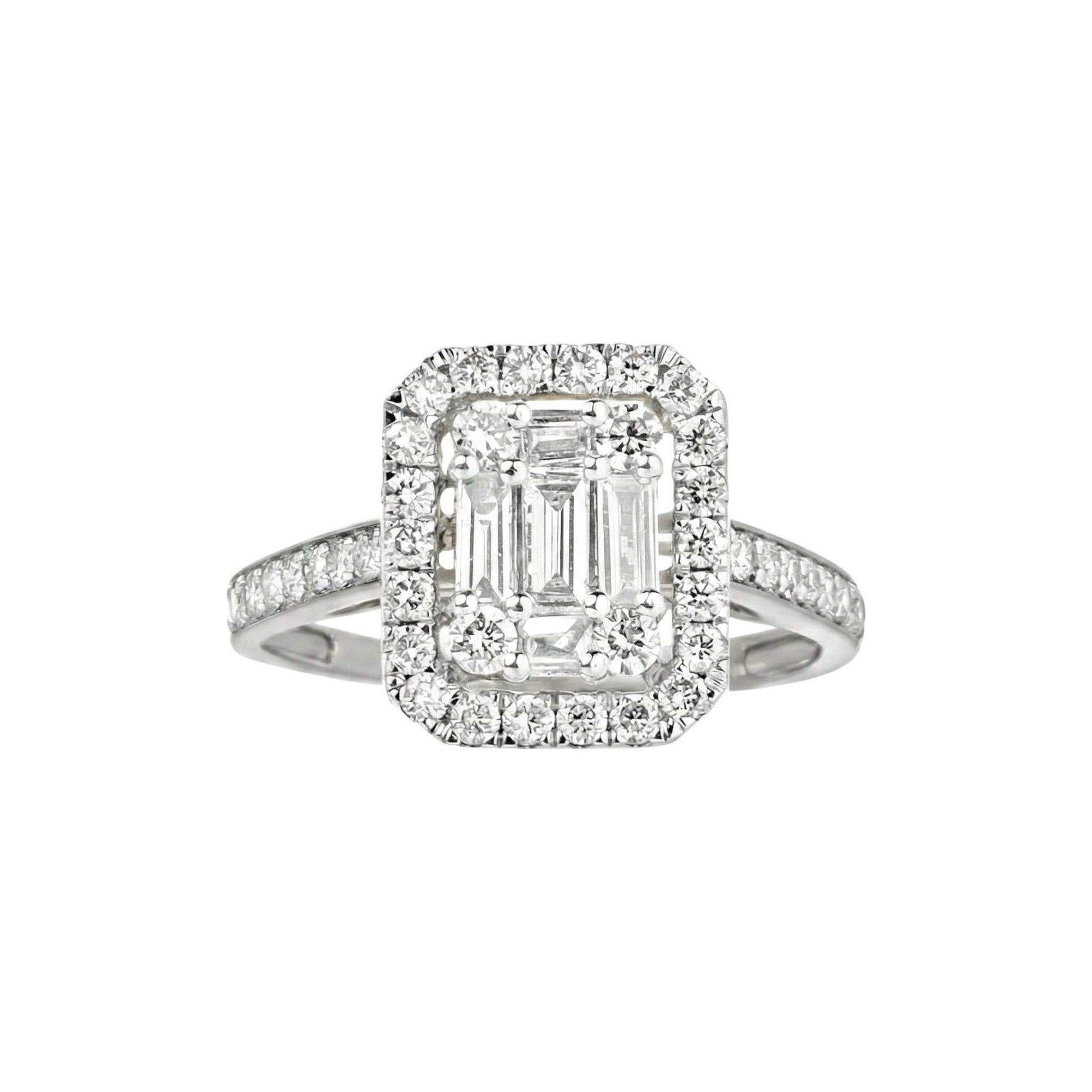 Royal Baguette Cut Diamond engagement ring in 18KT gold with halo and split shank design