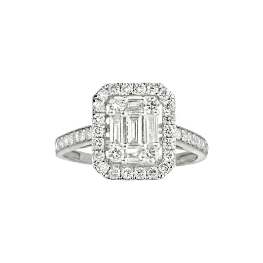 Royal Baguette Cut Diamond engagement ring in 18KT gold with halo and split shank design