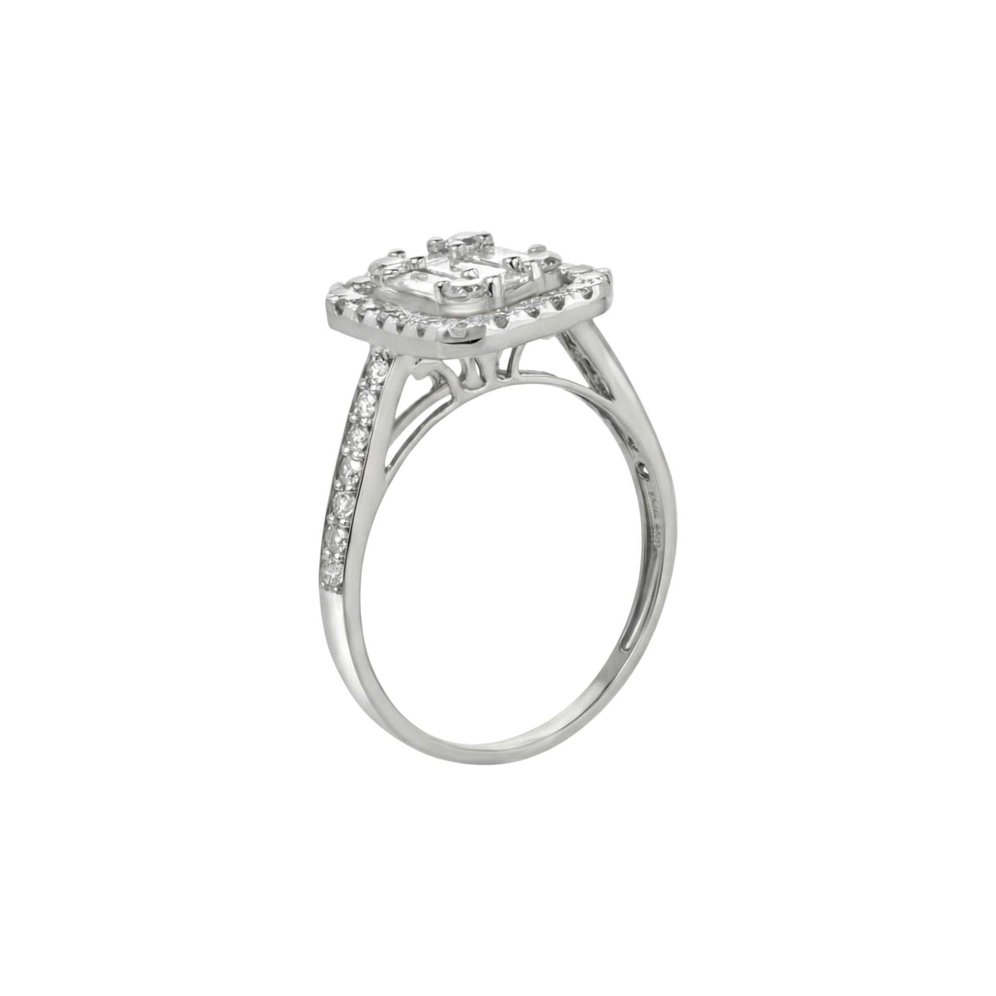 Silver ring with a diamond halo on a white background