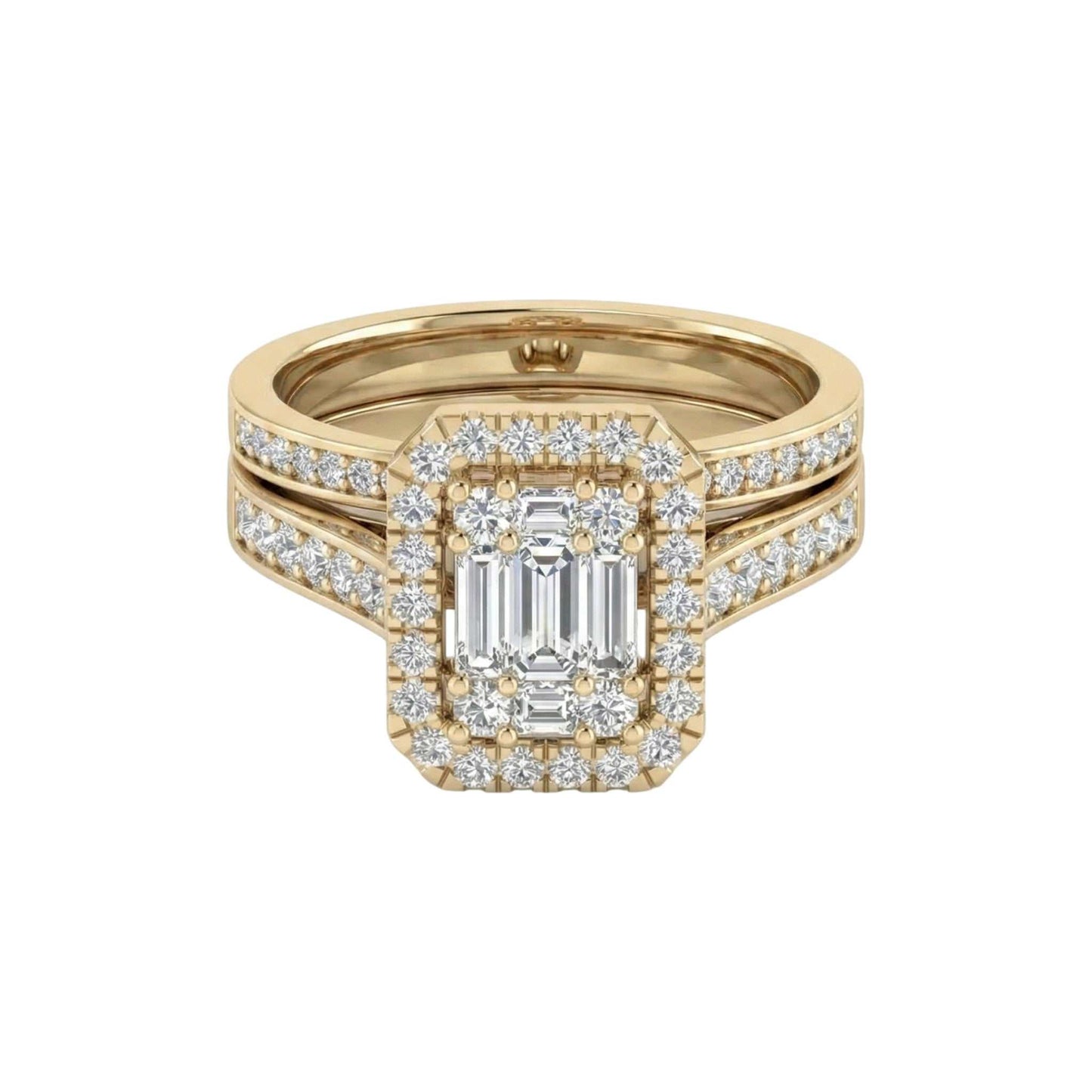 Gold ring with emerald-cut center stone and diamond accents on a white background