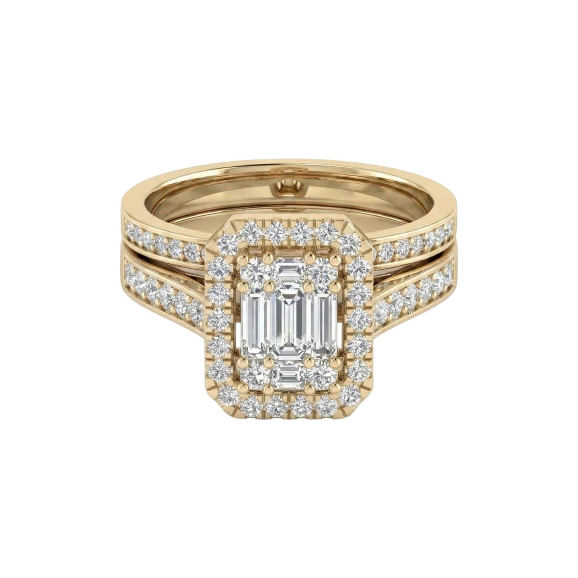 Gold ring with emerald-cut center stone and diamond accents on a white background