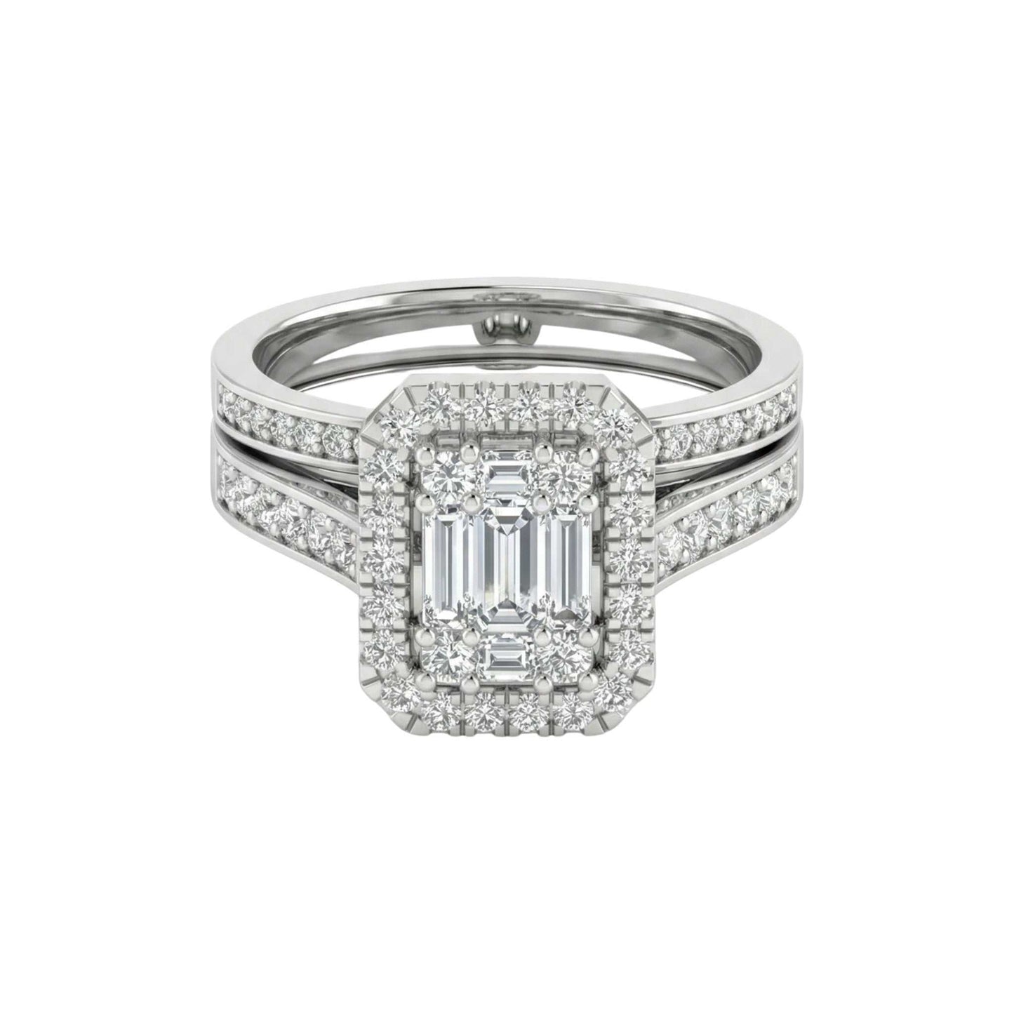 Diamond ring with emerald-cut center stone on a white background