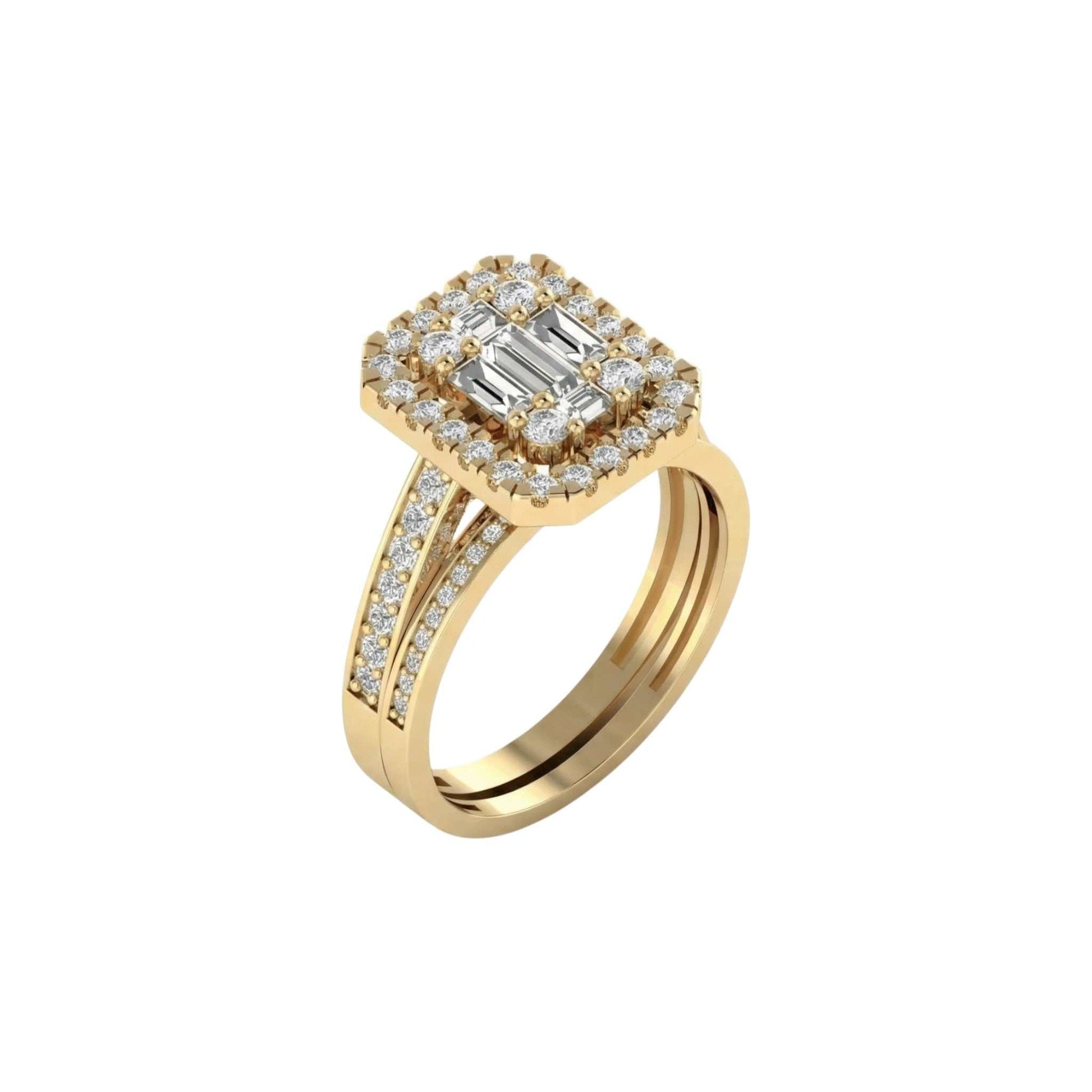 Gold ring with diamond accents on a white background
