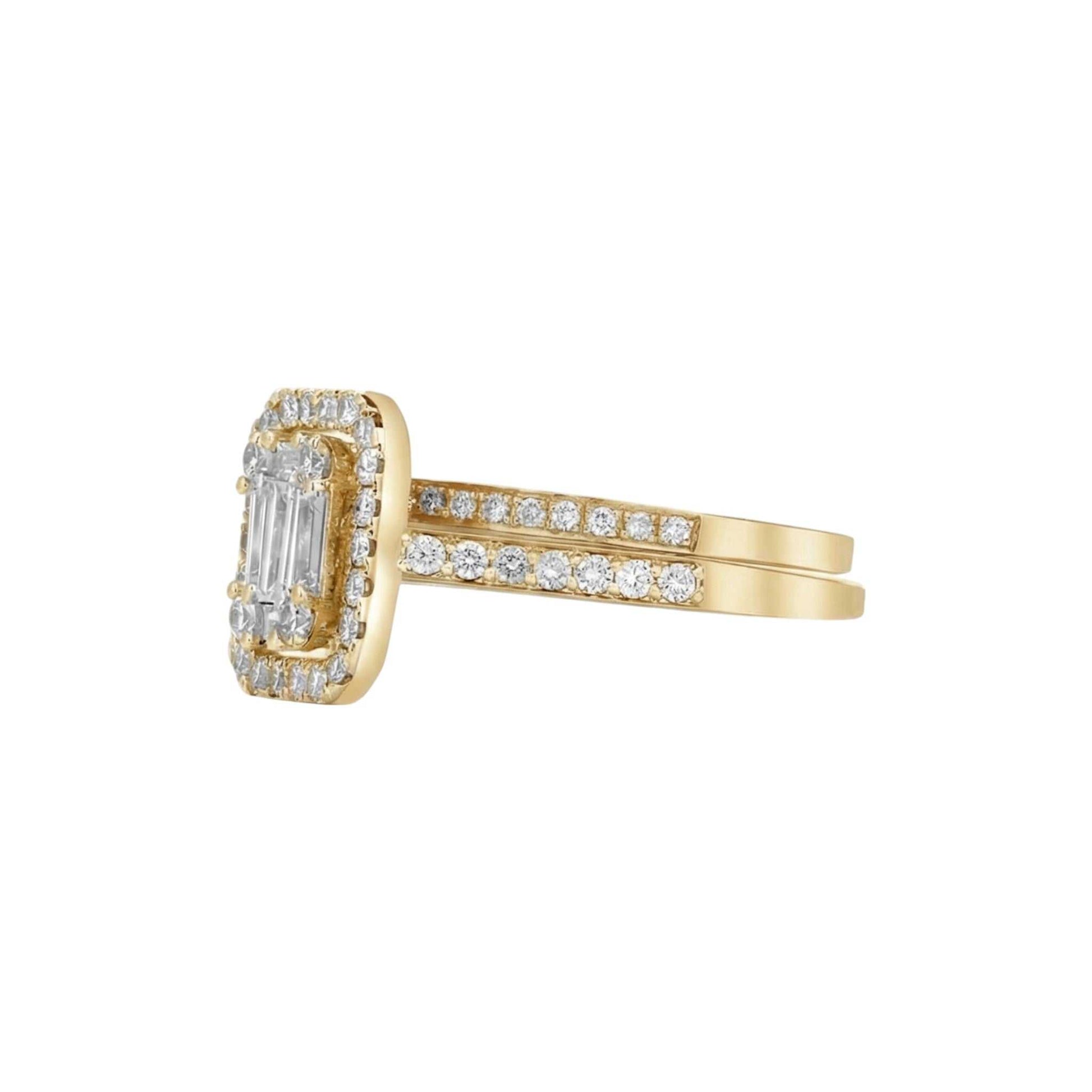 Gold ring with diamond accents on a white background