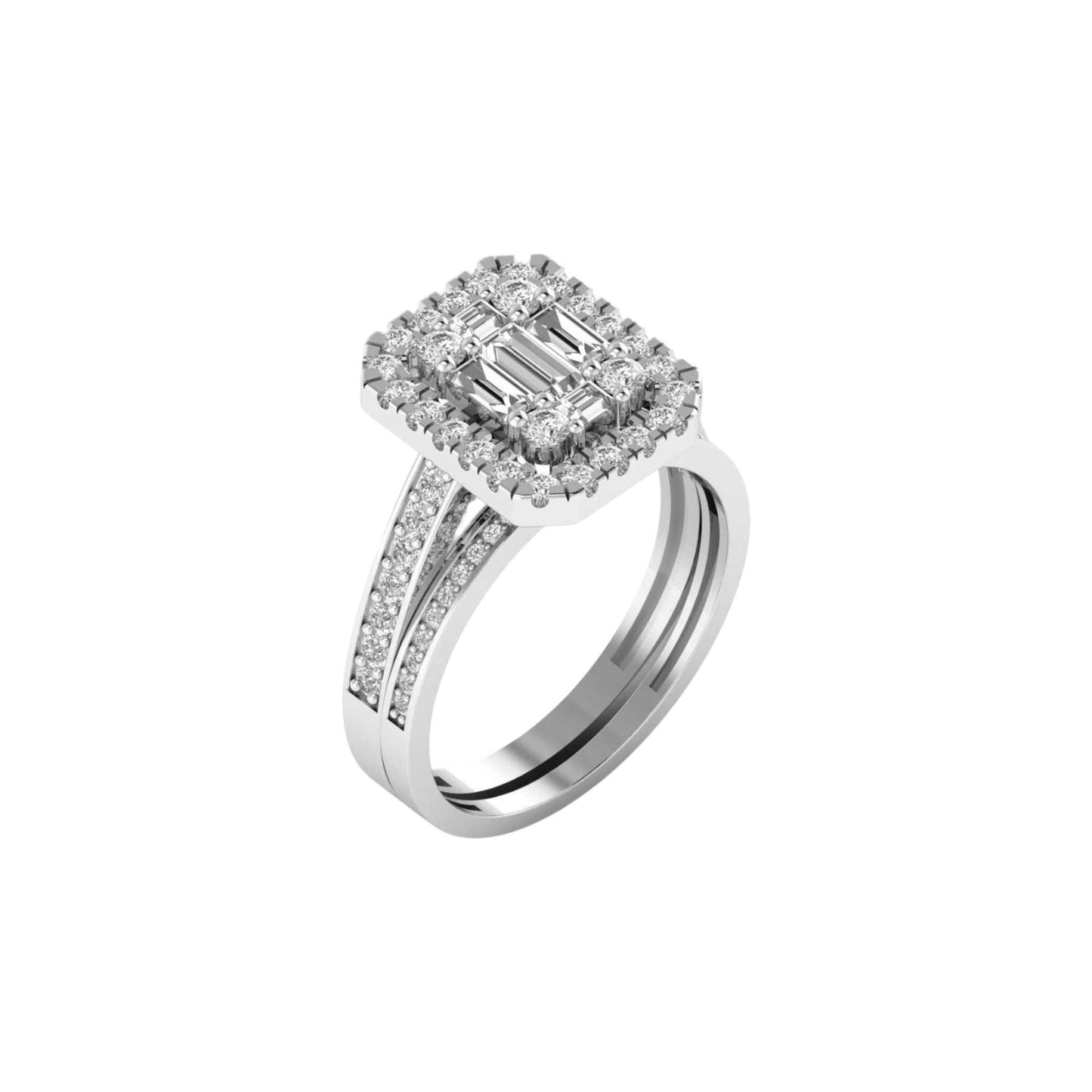 Diamond ring with a central emerald-cut gemstone and smaller diamonds on a white background