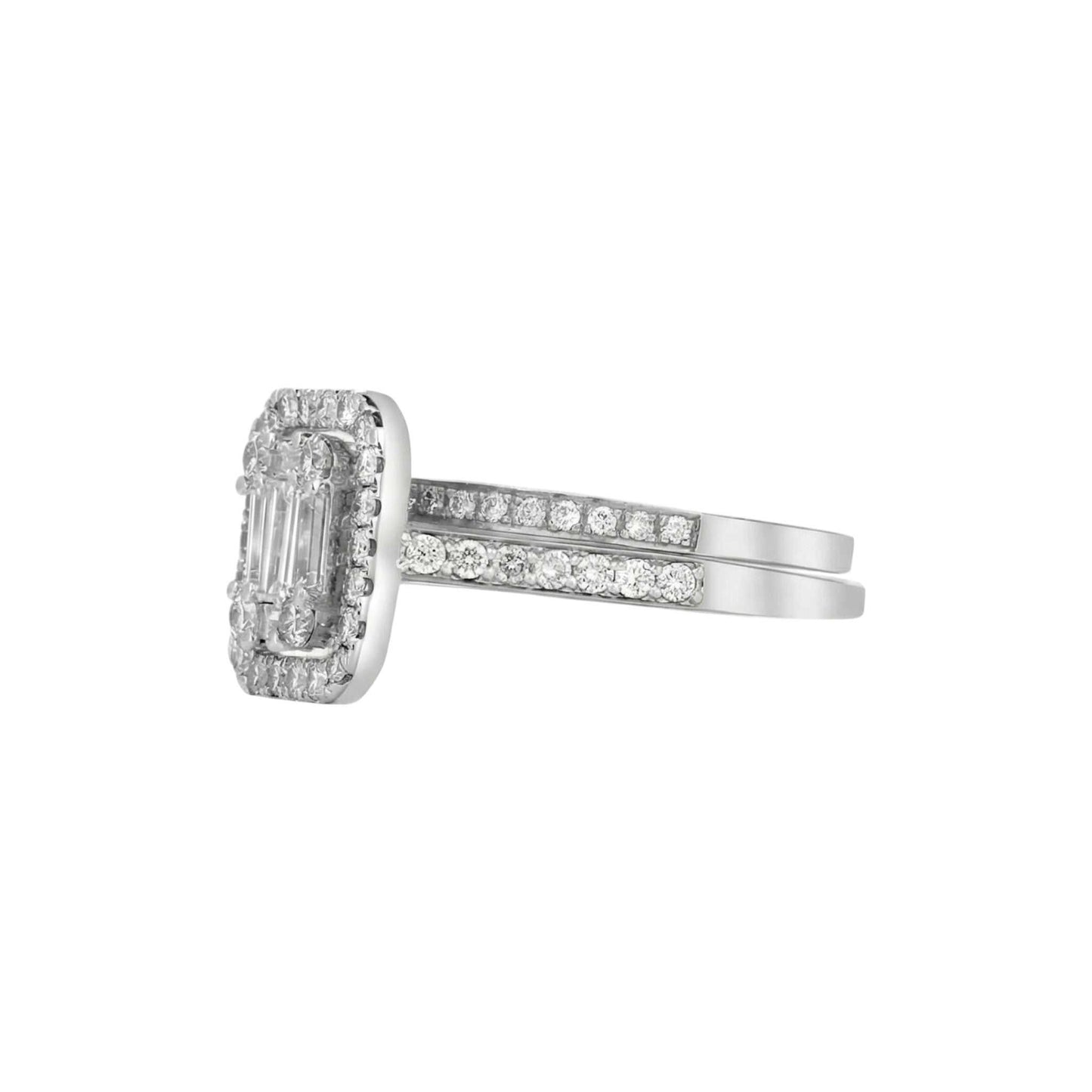 Diamond ring with emerald-cut center stone on a white background