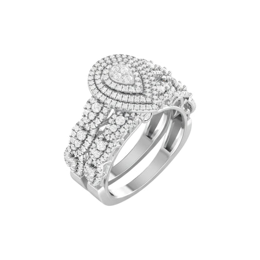 Silver ring with diamond accents on a white background