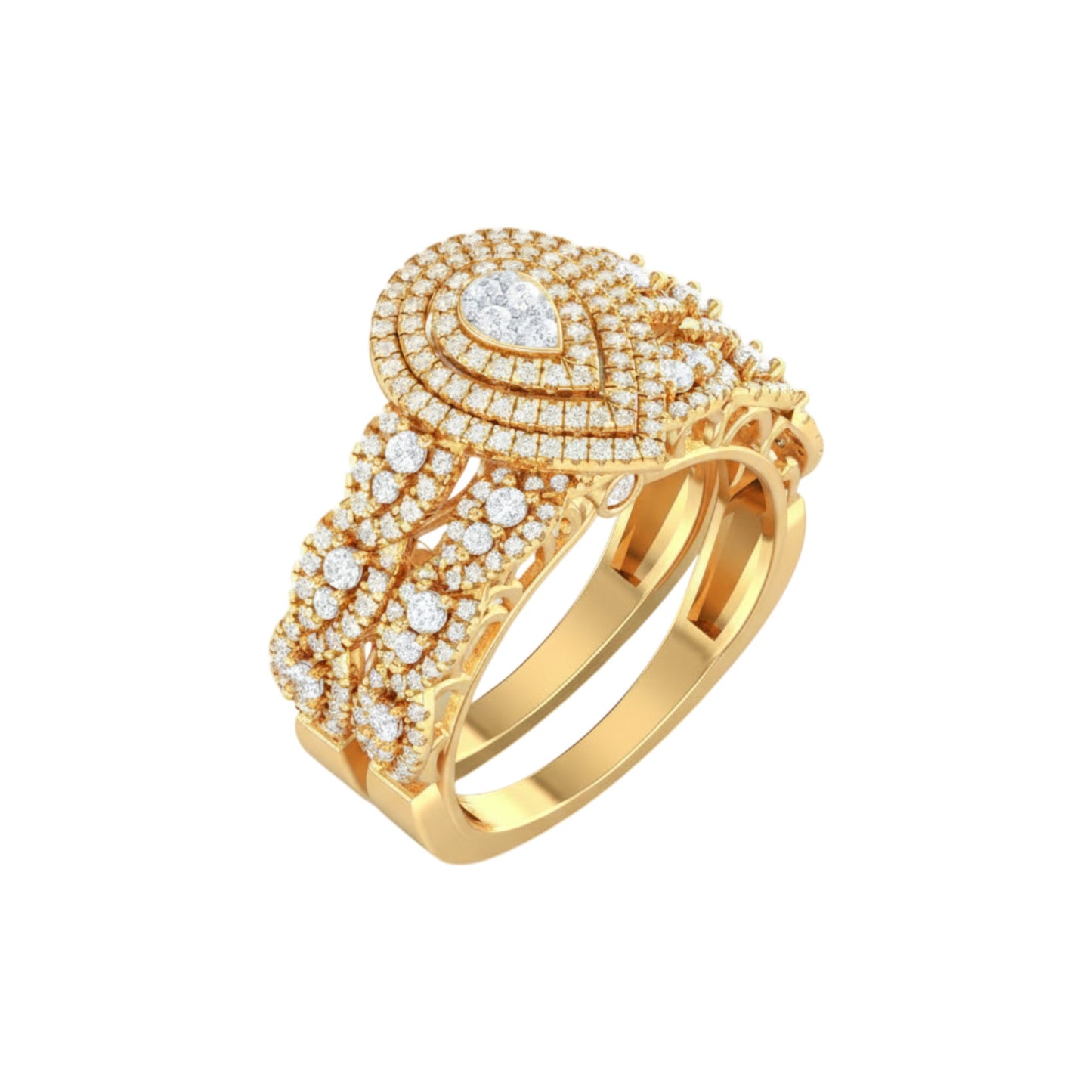 Gold ring with diamond accents on a white background