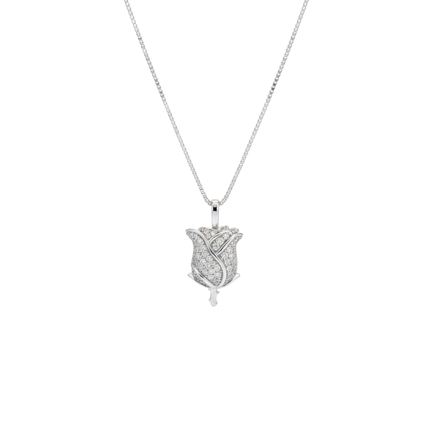 Silver rose-shaped pendant on a chain against a white background