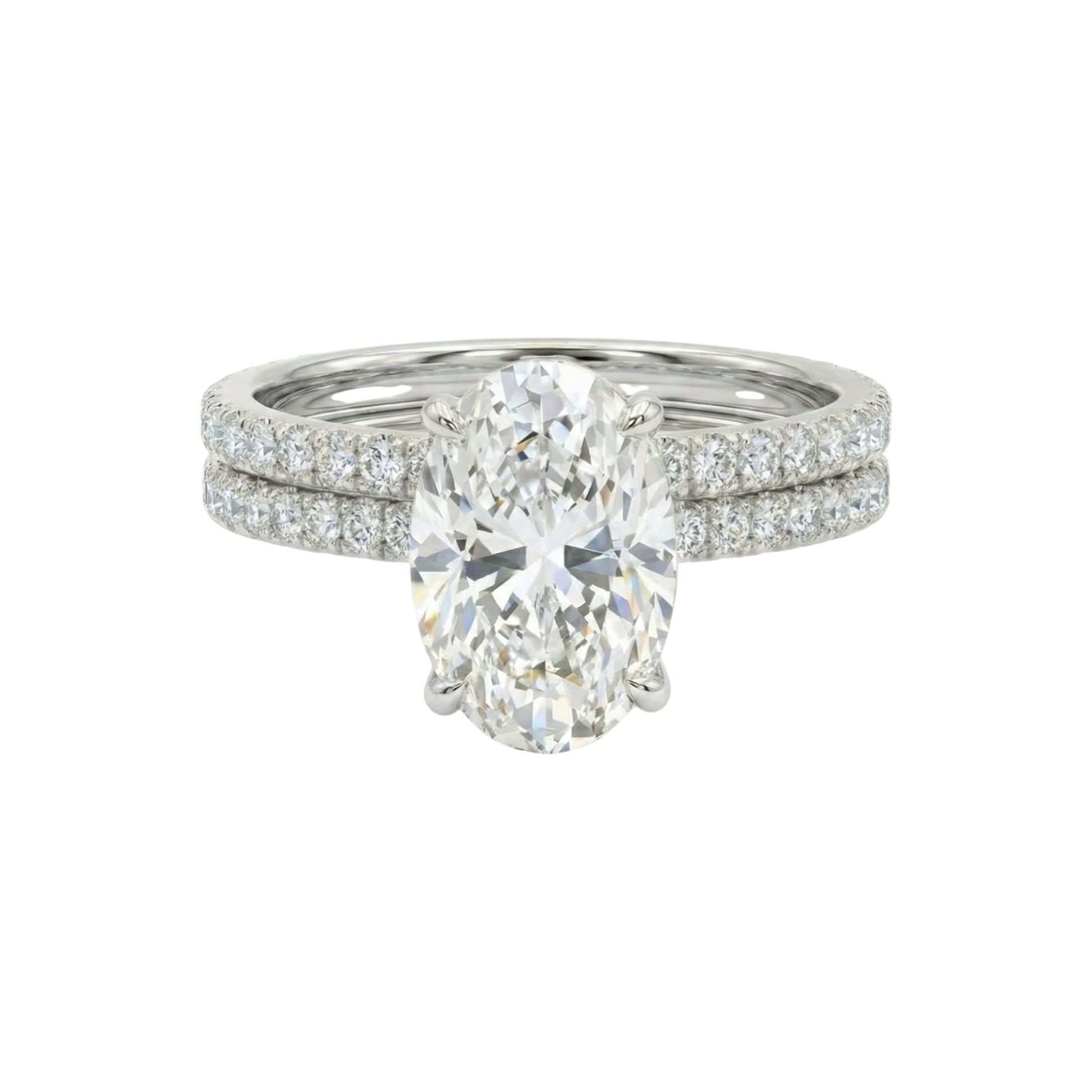 Diamond ring with a large central gemstone and smaller stones on a white background