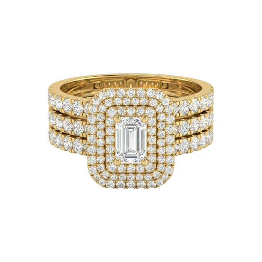 Sofia Baguette Cut diamond bride set in 18KT gold with natural diamonds and triple halo design