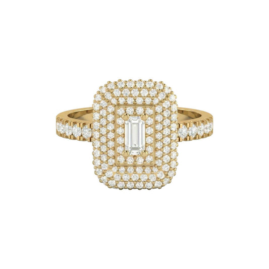 Sofia Baguette Cut Diamond engagement ring in 18KT gold with pavé diamonds and bold rectangular halo design