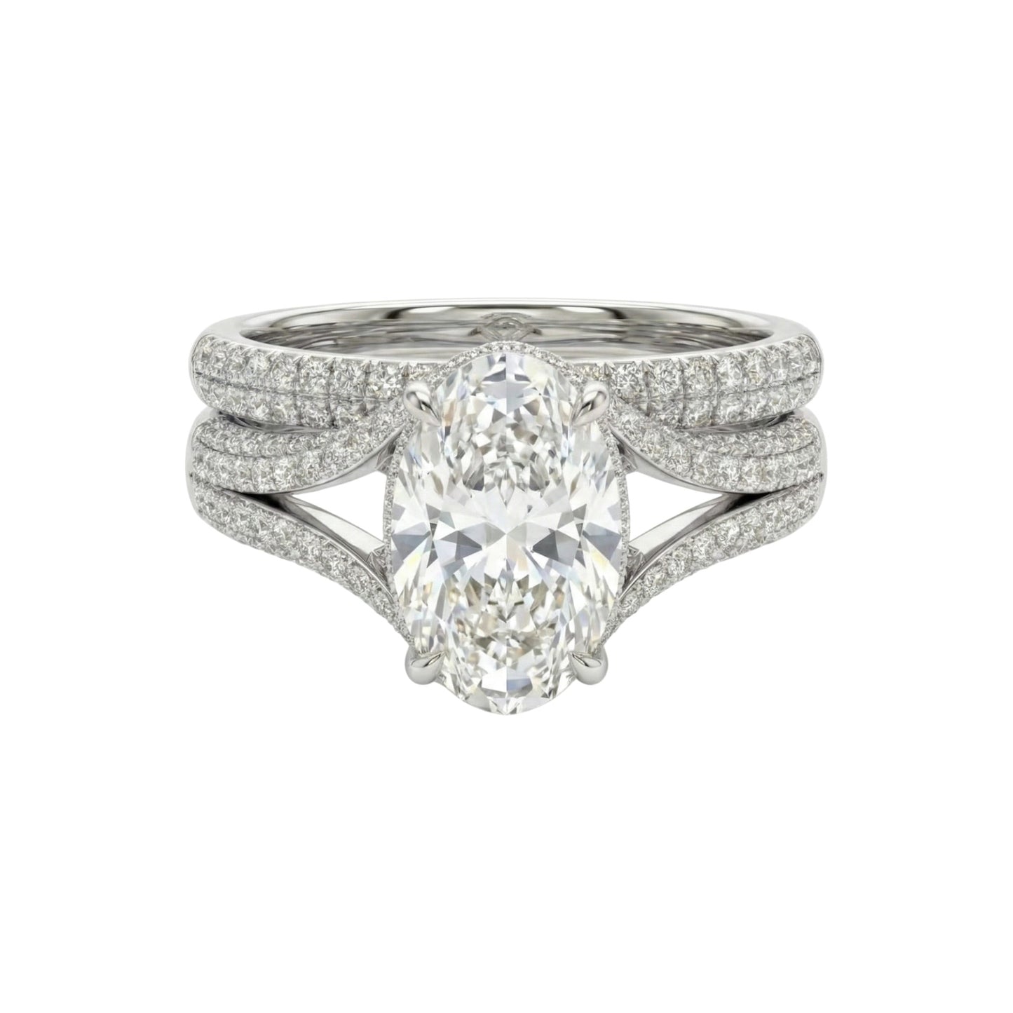 Diamond ring with a large central gemstone and smaller stones on a white background