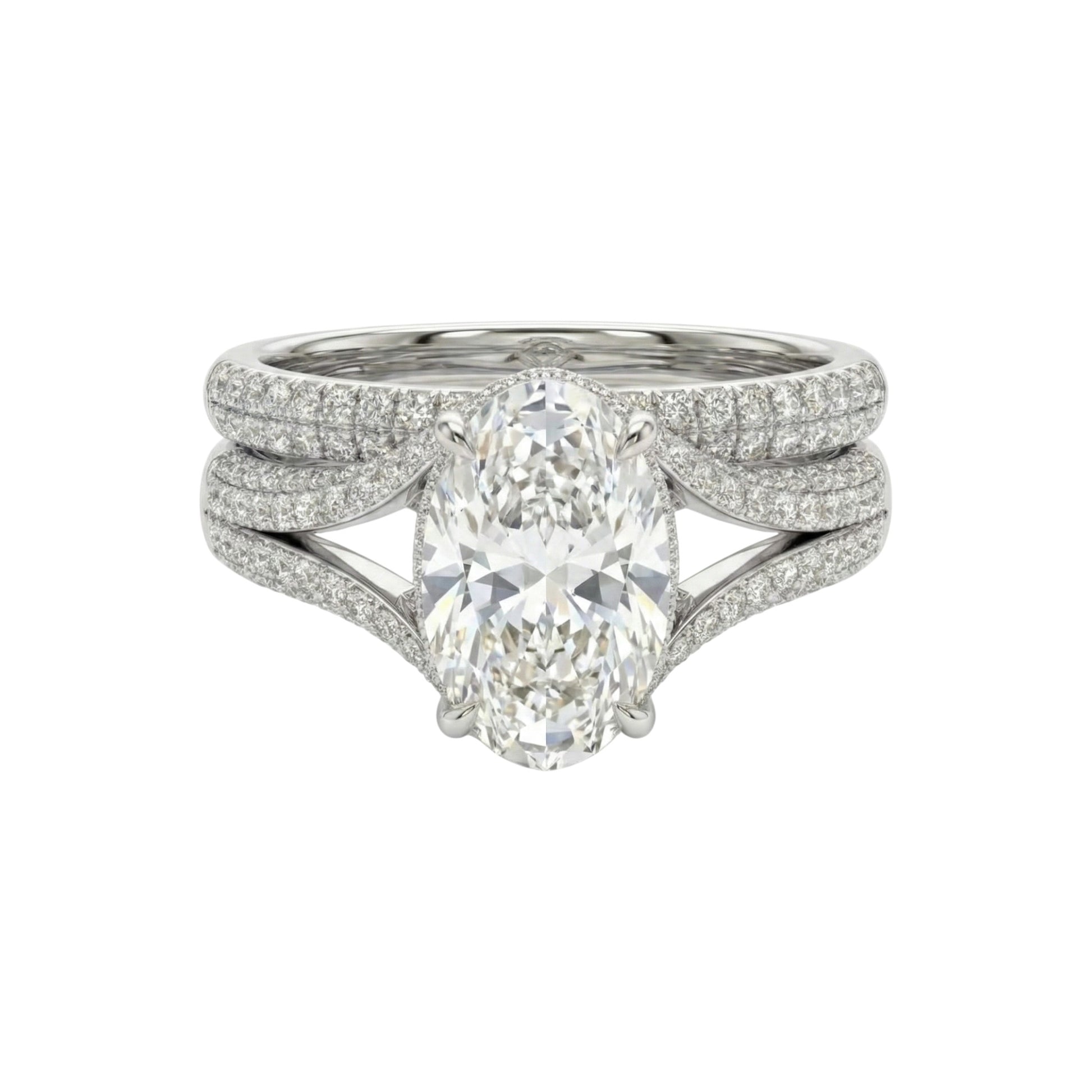 Diamond ring with a large central gemstone and smaller stones on a white background