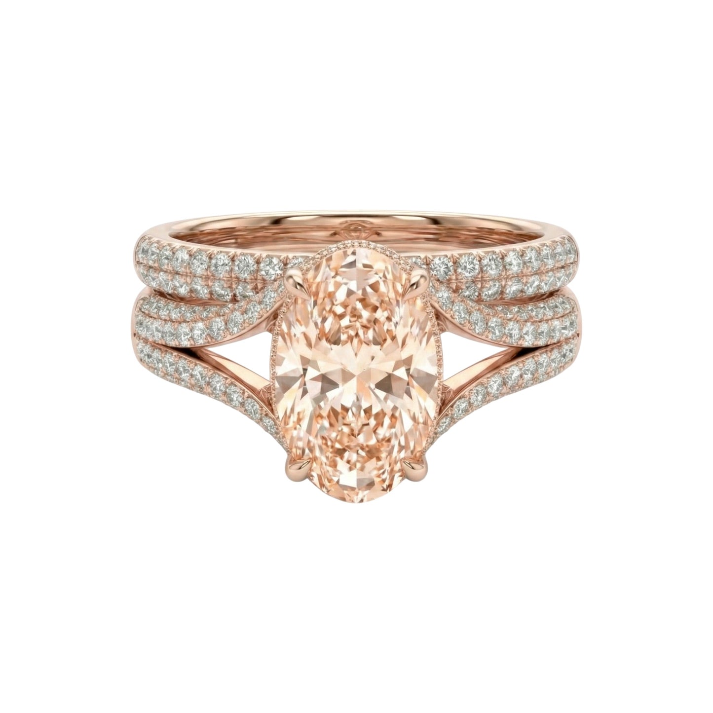 Rose gold ring with a large central gemstone and smaller stones on a white background