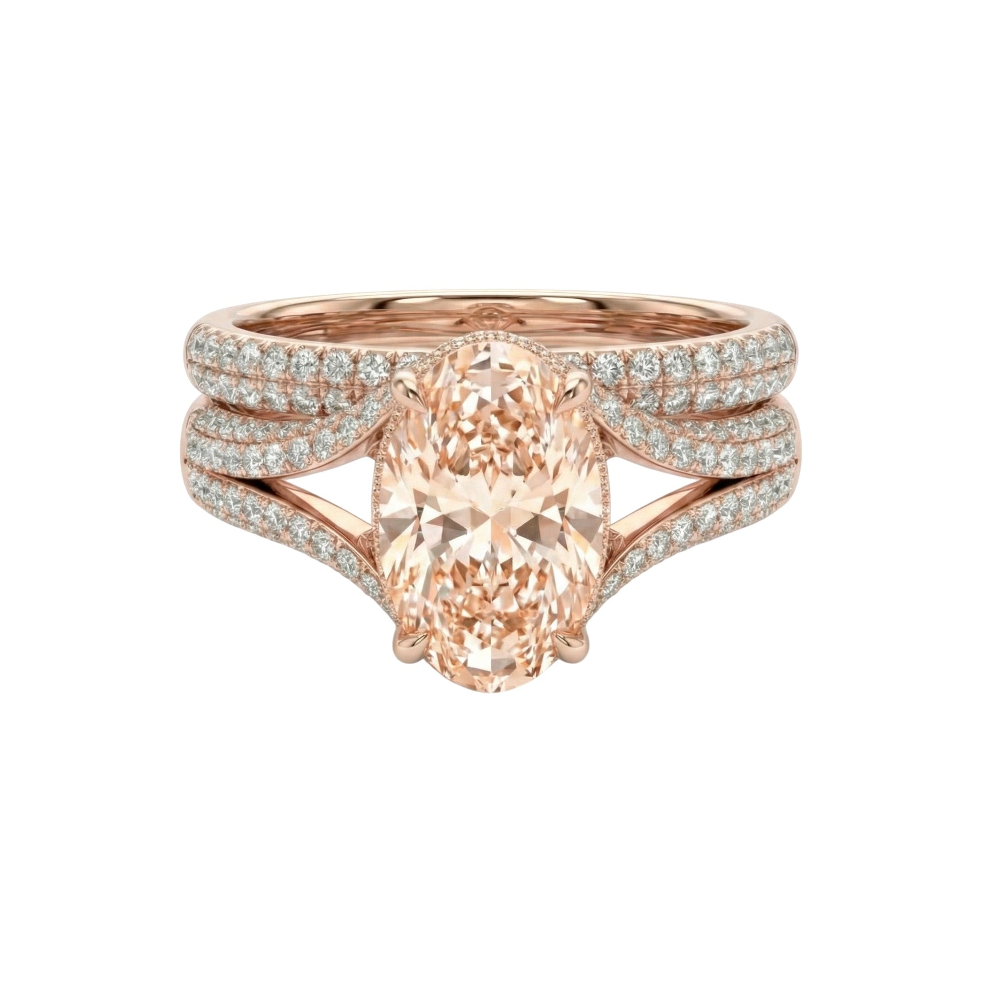 Rose gold ring with a large central gemstone and smaller stones on a white background