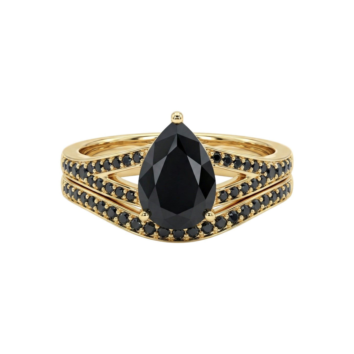 Gold ring with a large black gemstone on a white background