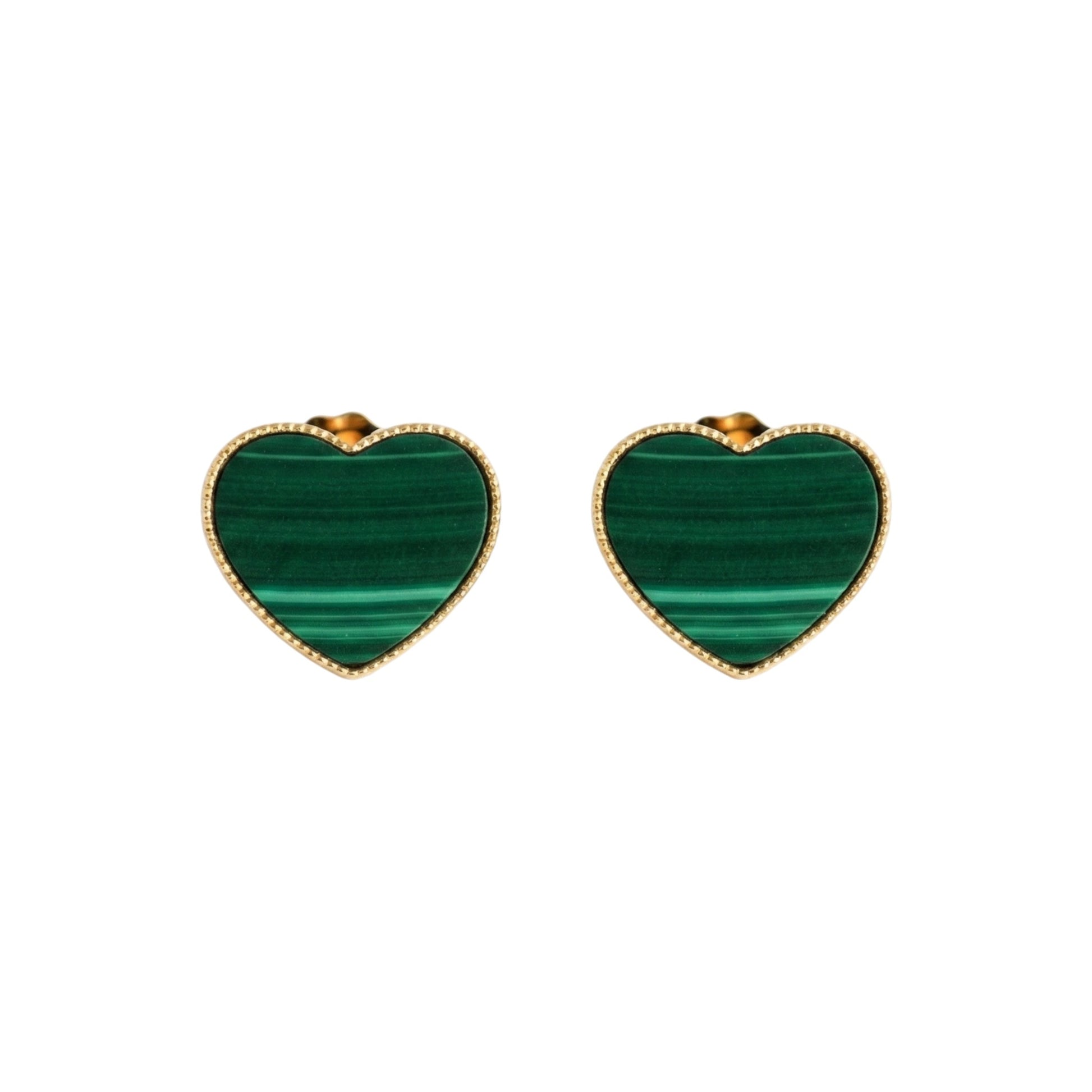 Heart-shaped green earrings with gold accents on a white background