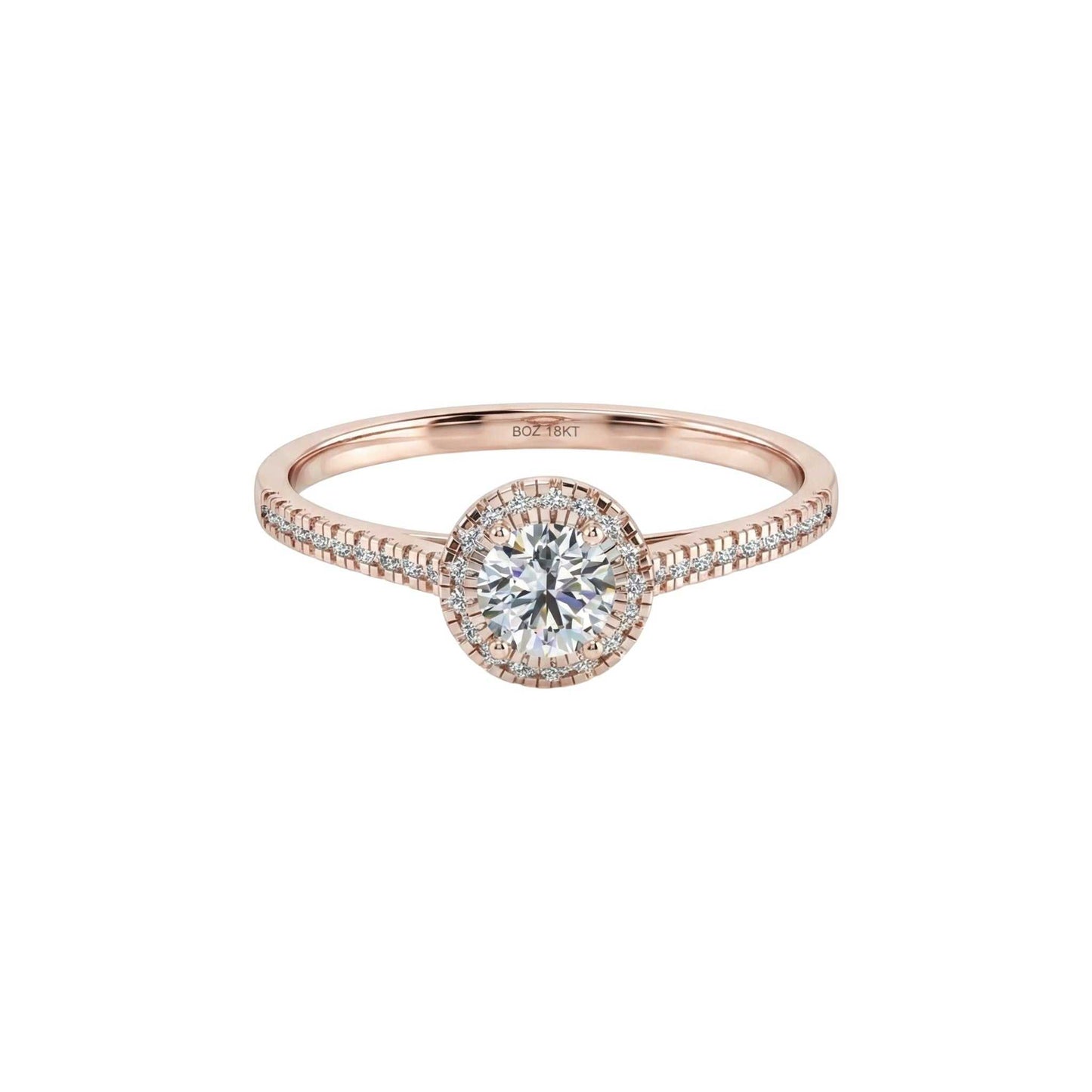 Rose gold ring with a diamond on a white background