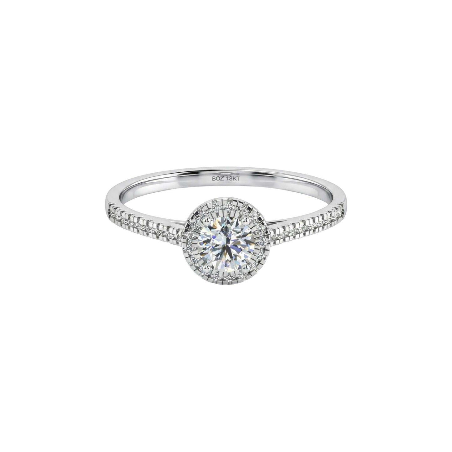 Thelma Round Cut Natural Diamond engagement ring in 18KT gold with pavé diamond halo and slim diamond-accented band