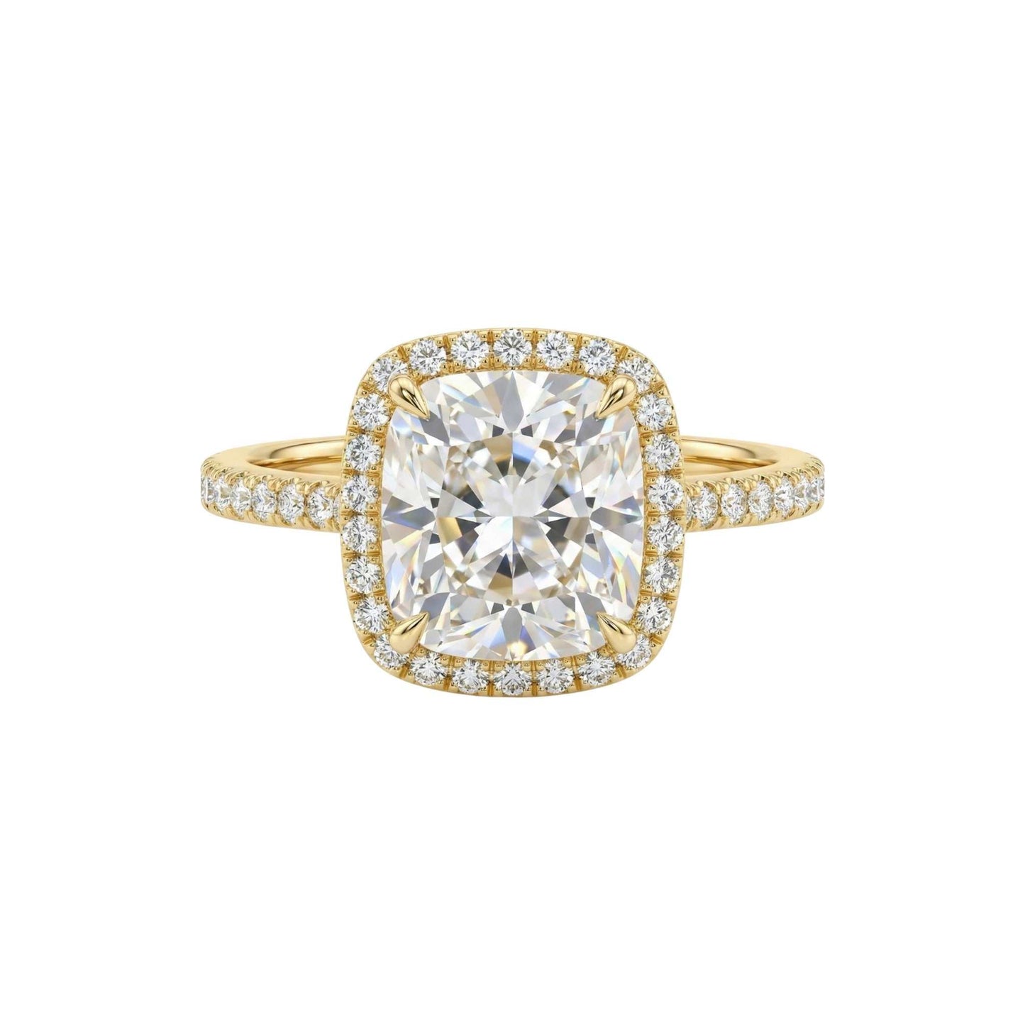 Tia Cushion Cut engagement ring with cushion-cut moissanite center, natural diamond halo, and 18KT gold pavé band