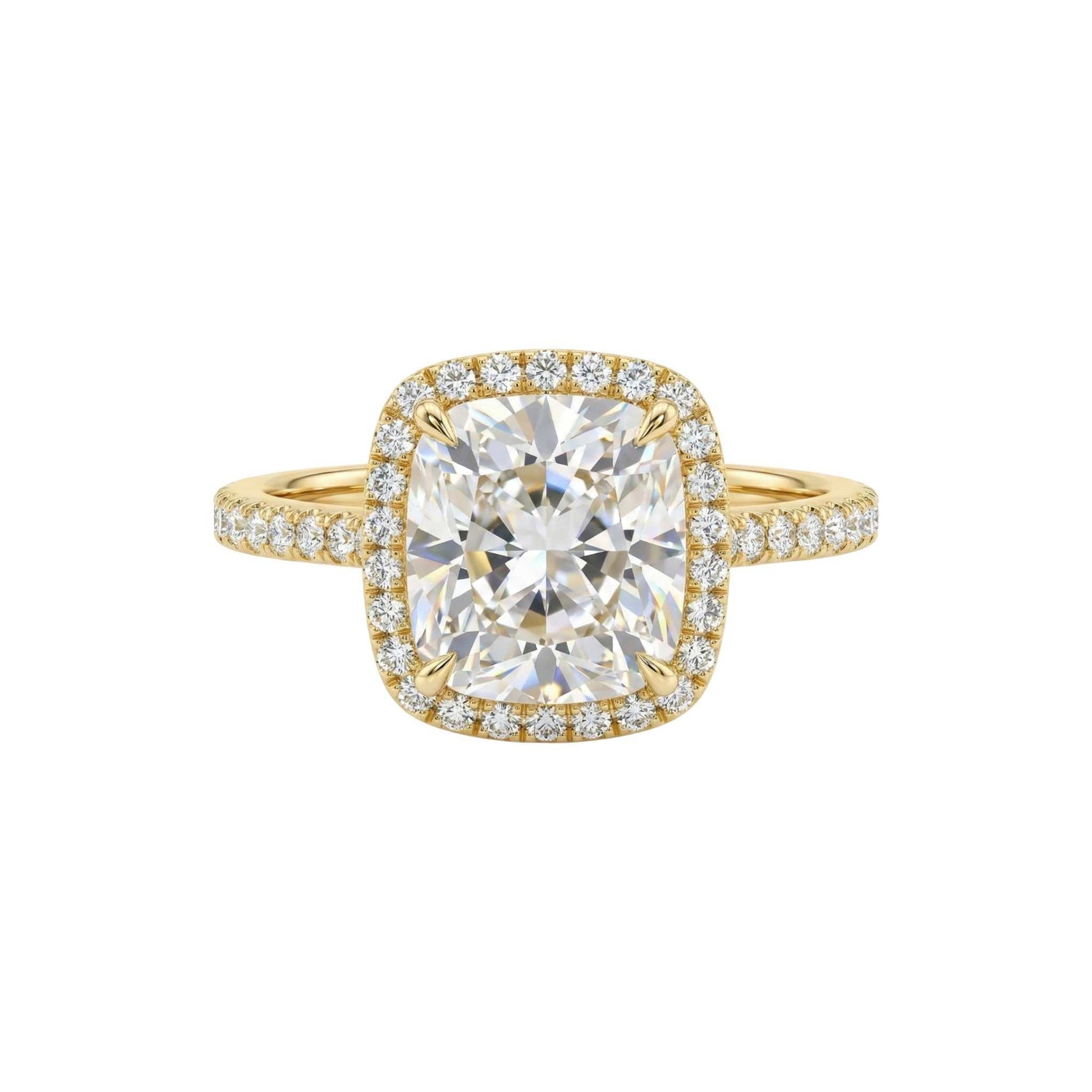 Tia Cushion Cut engagement ring with cushion-cut moissanite center, natural diamond halo, and 18KT gold pavé band