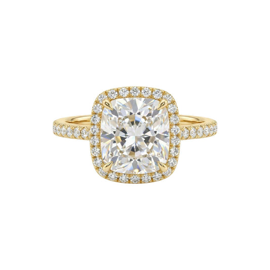 Tia Cushion Cut engagement ring with cushion-cut moissanite center, natural diamond halo, and 18KT gold pavé band