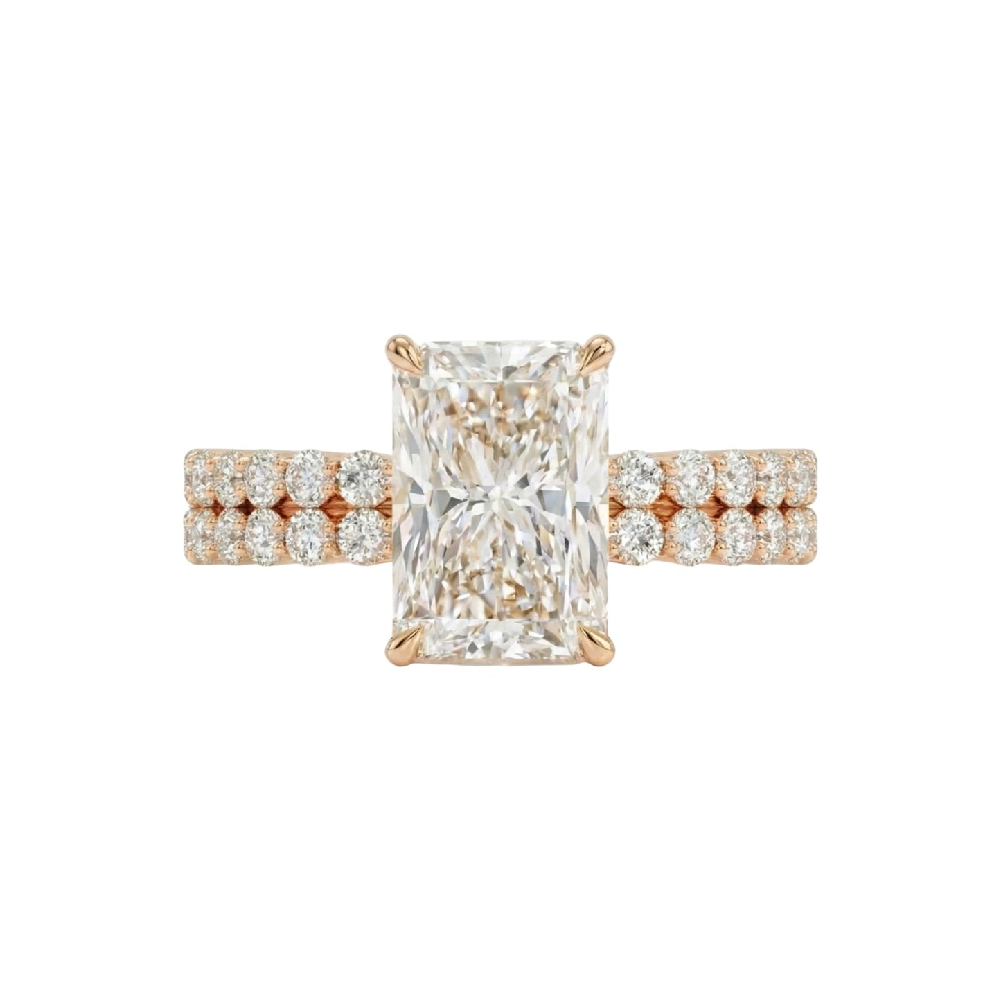 Rose gold ring with a large diamond and smaller diamonds on the band against a white background